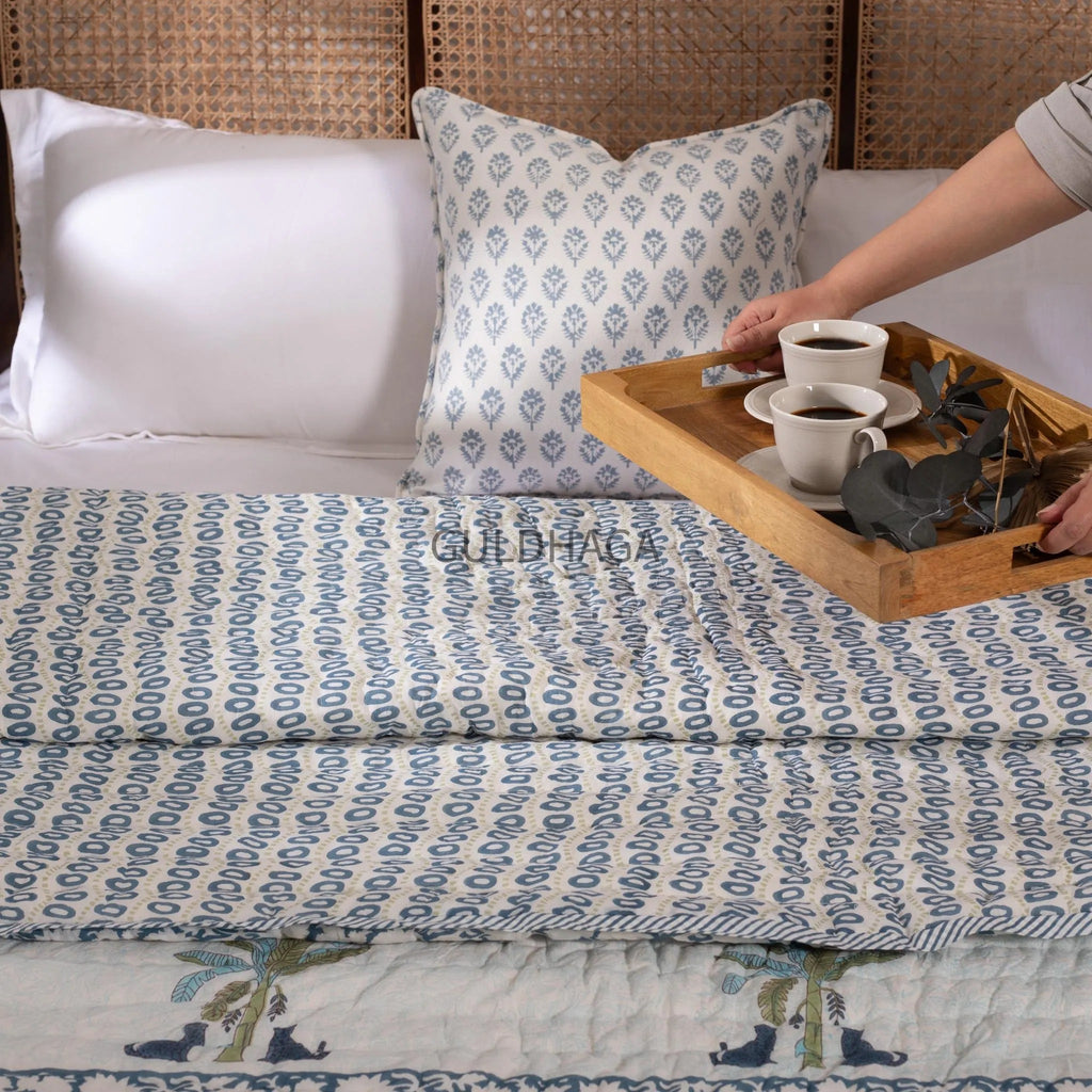 Blue palm and leopard Block Print Cotton Quilt, Floral Cotton Bedding, Handmade Indian Boho Quilt, Reversible Bedspread for Twin&Queen Beds