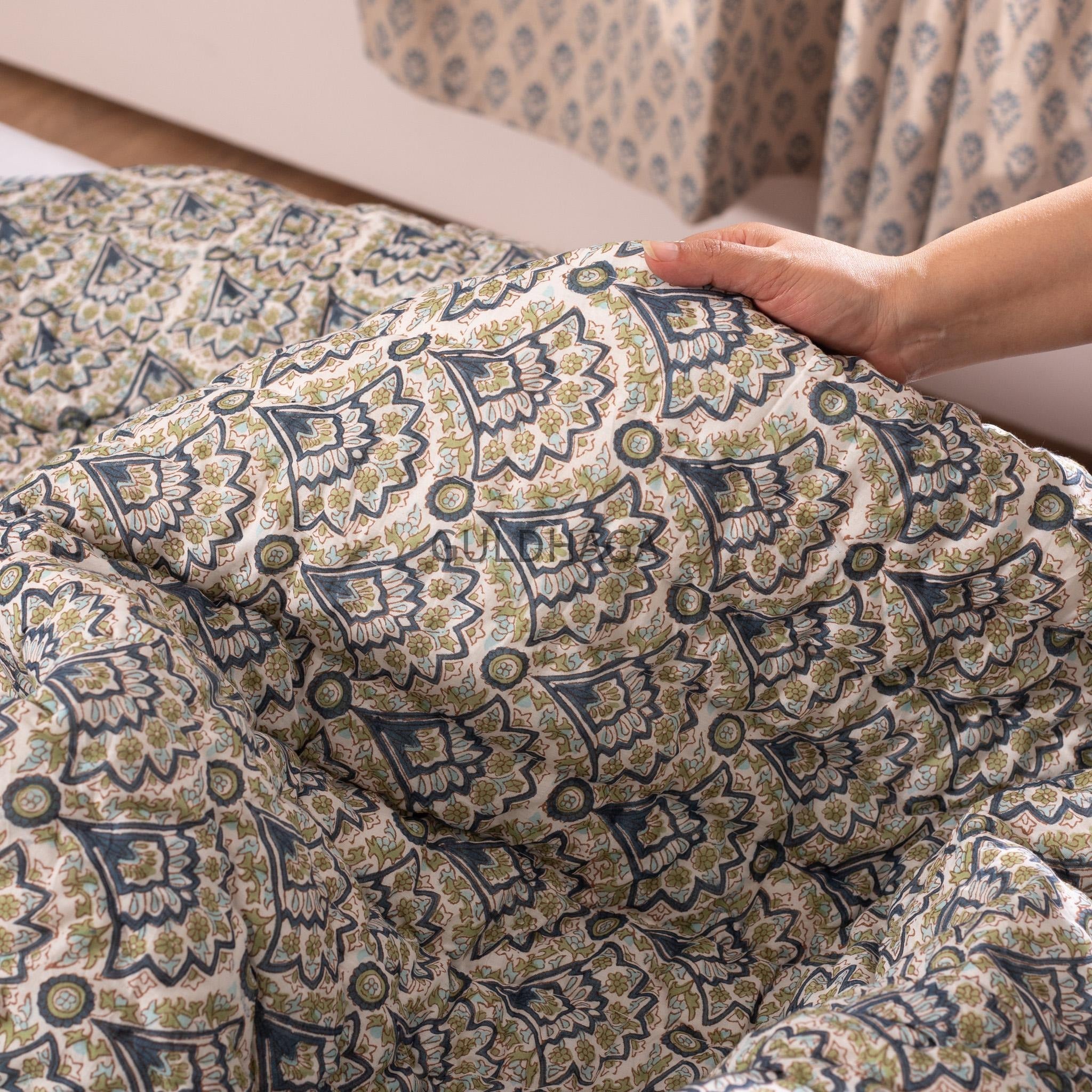 Anokhi Block Printed Cotton Quilt, Reversible Floral Quilt, Jaipuri Razai, Queen Bedding Cotton Bedspread, throw blanket for couch