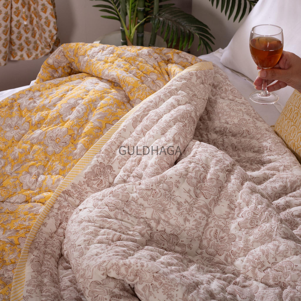 Summer Block Print Cotton Quilt, Boho Floral Cotton Bedding, Handmade Indian bedspread, Reversible throw for Twin bedroom, All season quilt