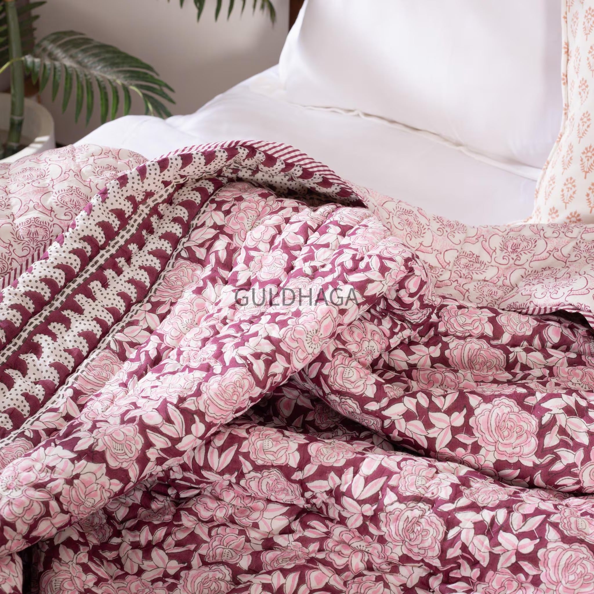 Deep berry wine Block Print Cotton Quilt, Cotton Bedding, Handmade Indian Boho Quilt, Reversible Bedspread for Twin Queen King Bed