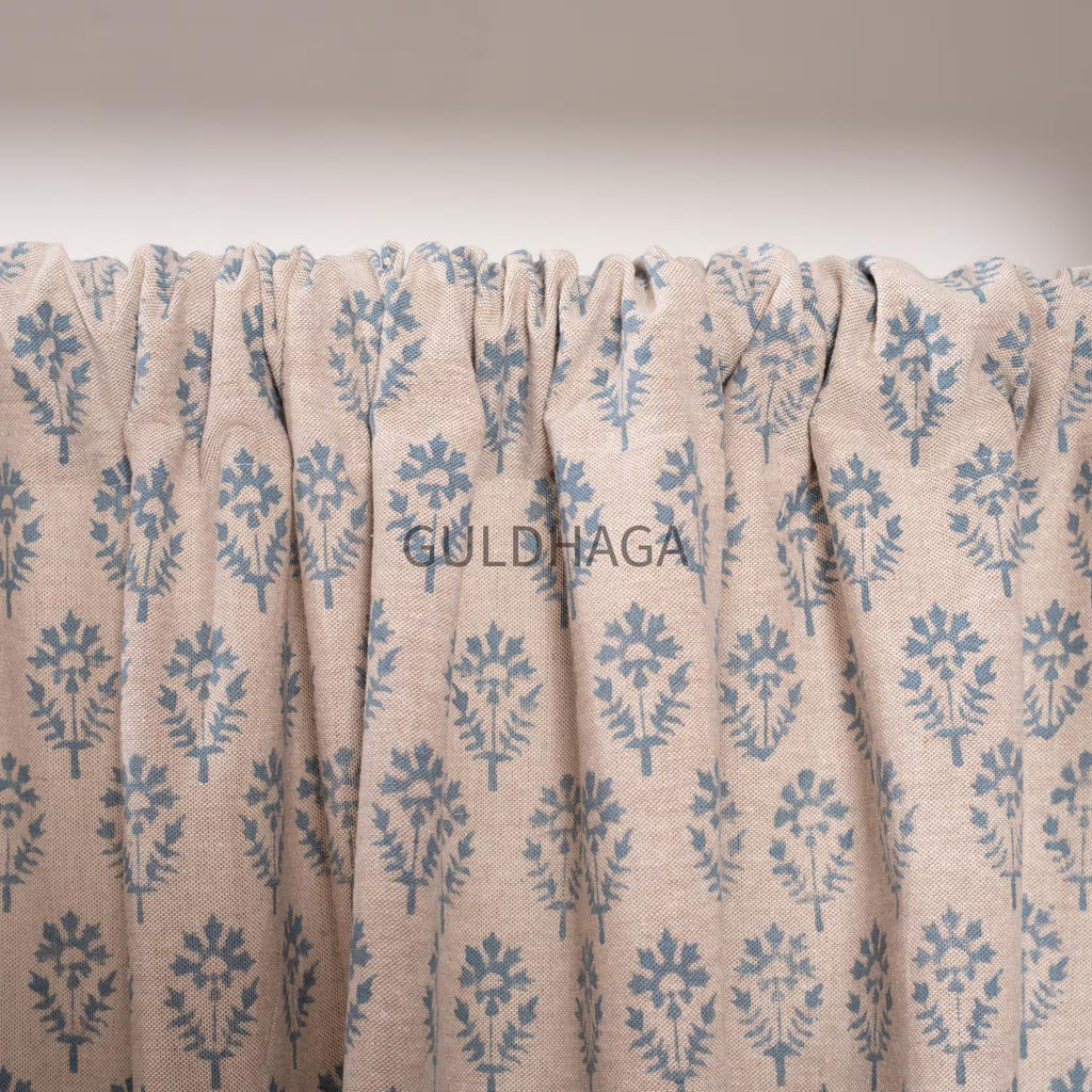 blue Hand Block Print Cotton chambray Curtains, Floral Drapes for bedroom and living room