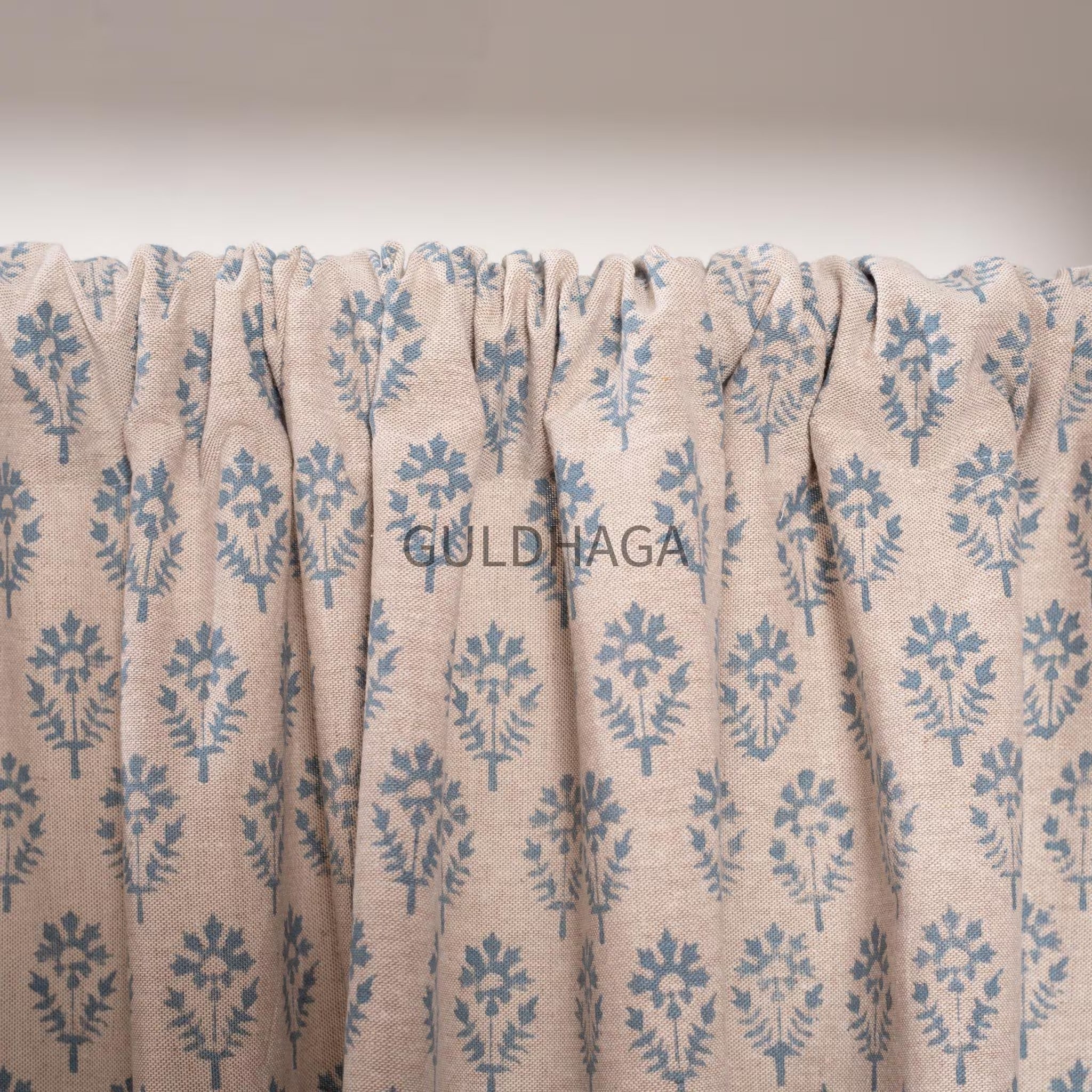 blue Hand Block Print Cotton chambray Curtains, Floral Drapes for bedroom and living room