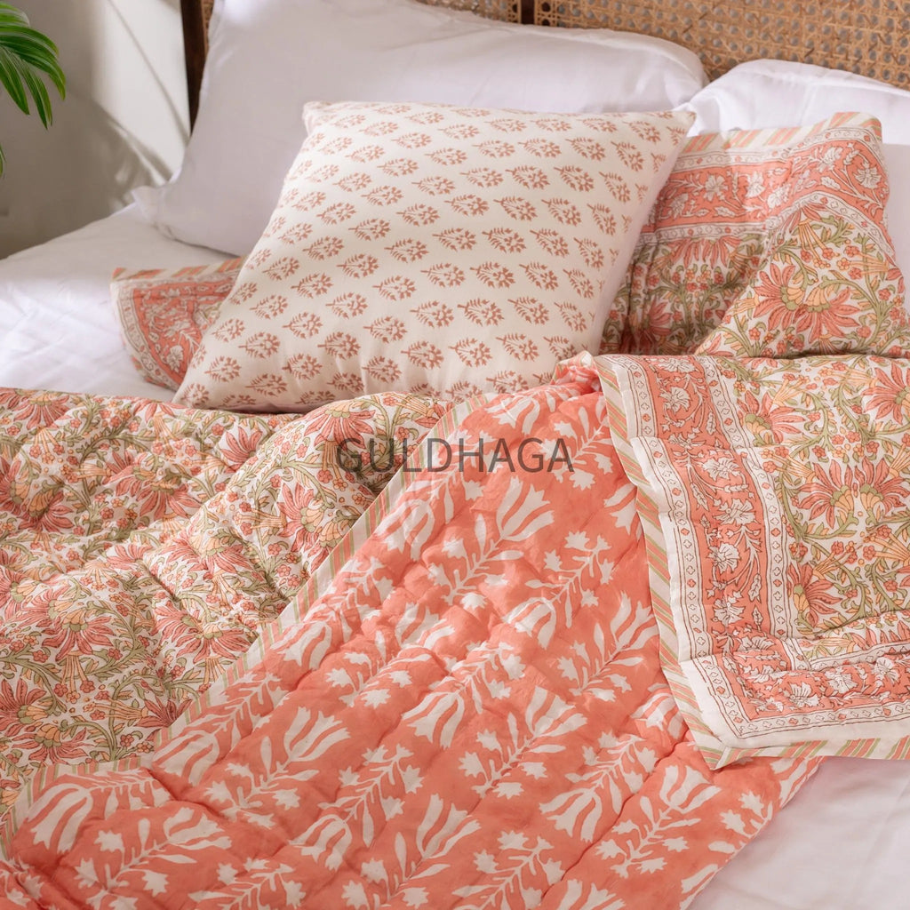 Coral Summer Block Print Cotton Quilt, Boho Cotton Bedding, Handmade Indian bedspread, Reversible throw for Twin bedroom, All season quilt