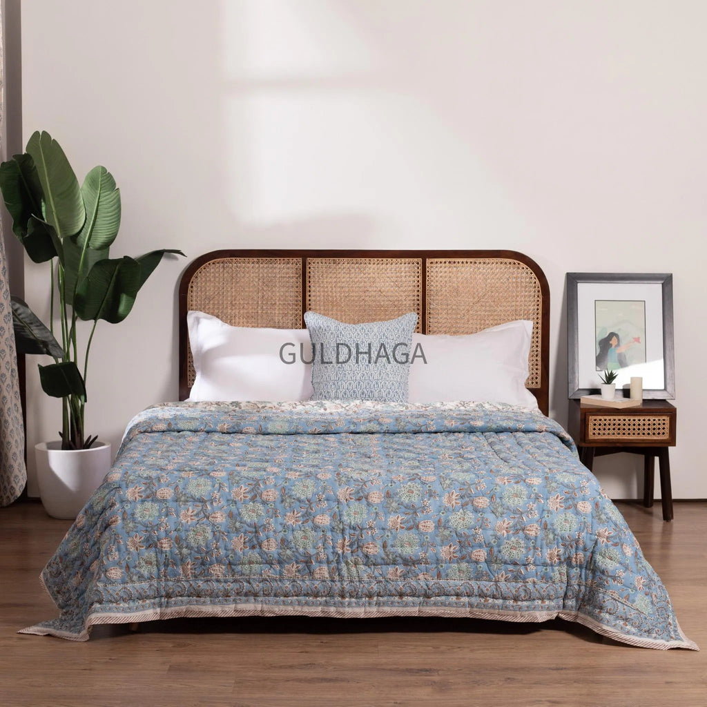 Dusty powder Blue Cotton Quilt, Indian Hand Block Printed couch throw, Floral Printed Queen Comforter, Soft Summer Blanket, All Season Quilt