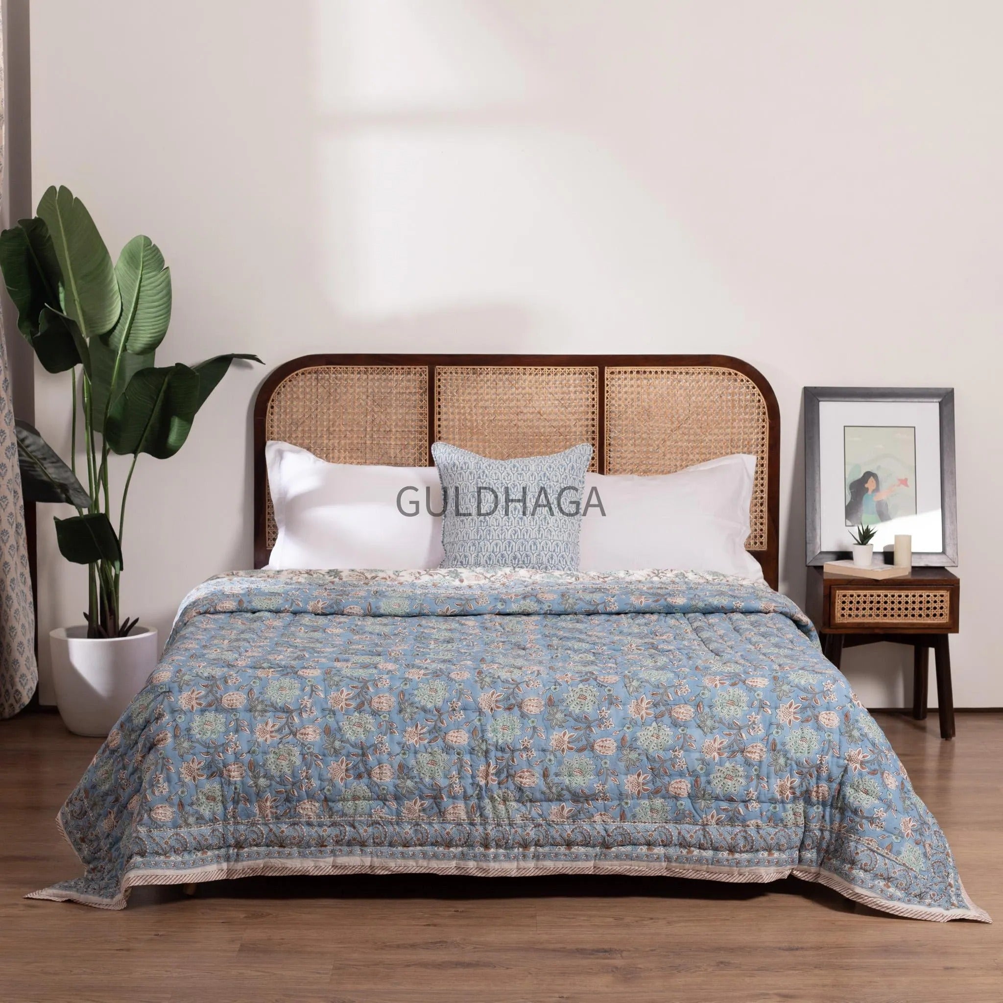Dusty powder Blue Cotton Quilt, Indian Hand Block Printed couch throw, Floral Printed Queen Comforter, Soft Summer Blanket, All Season Quilt