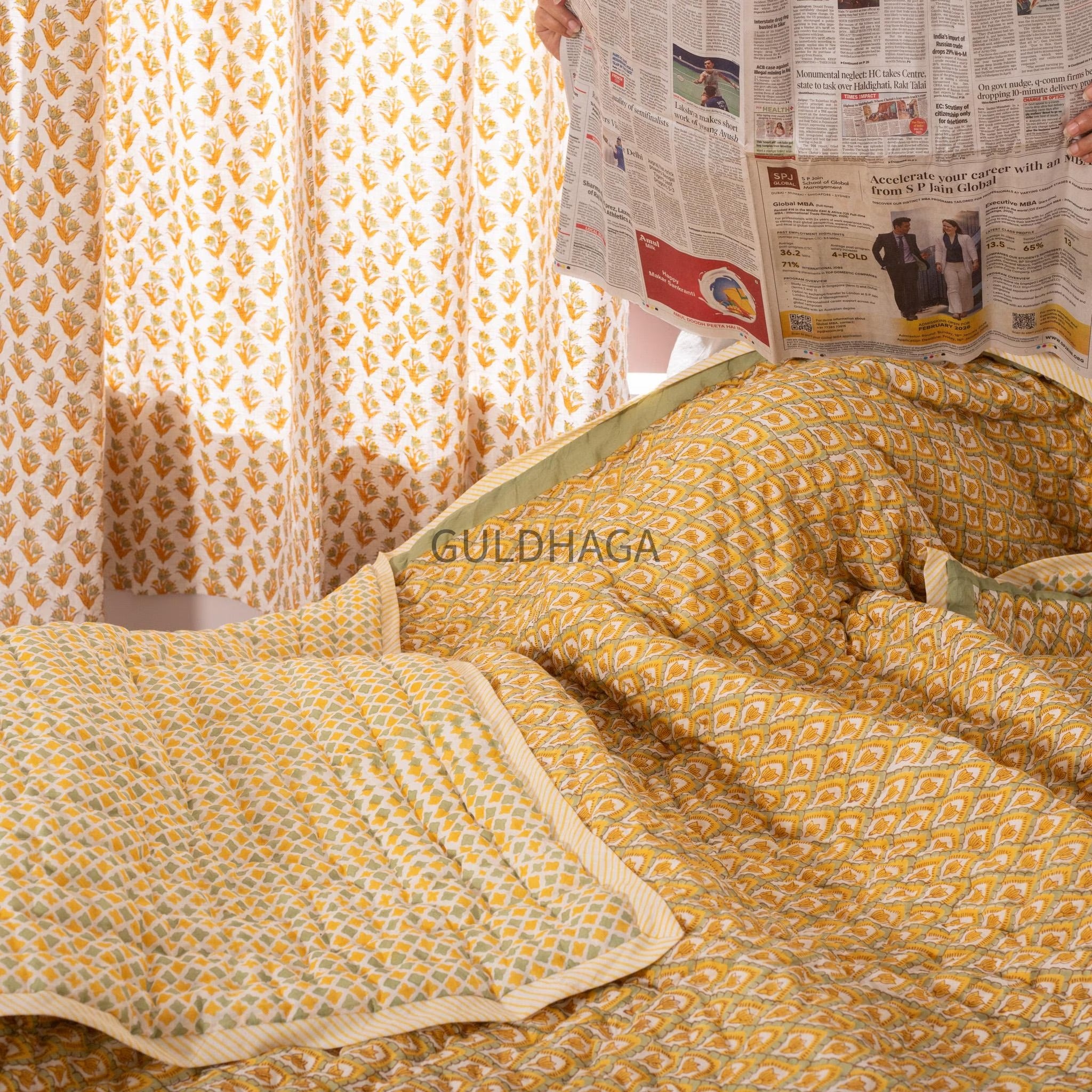 Comforter Quilt Hand Block Printed 100% Pure Cotton Cloth Quilted Throw Blanket Cover for Couch and Bed Lap Bedding Coverlet Oversized Quilt