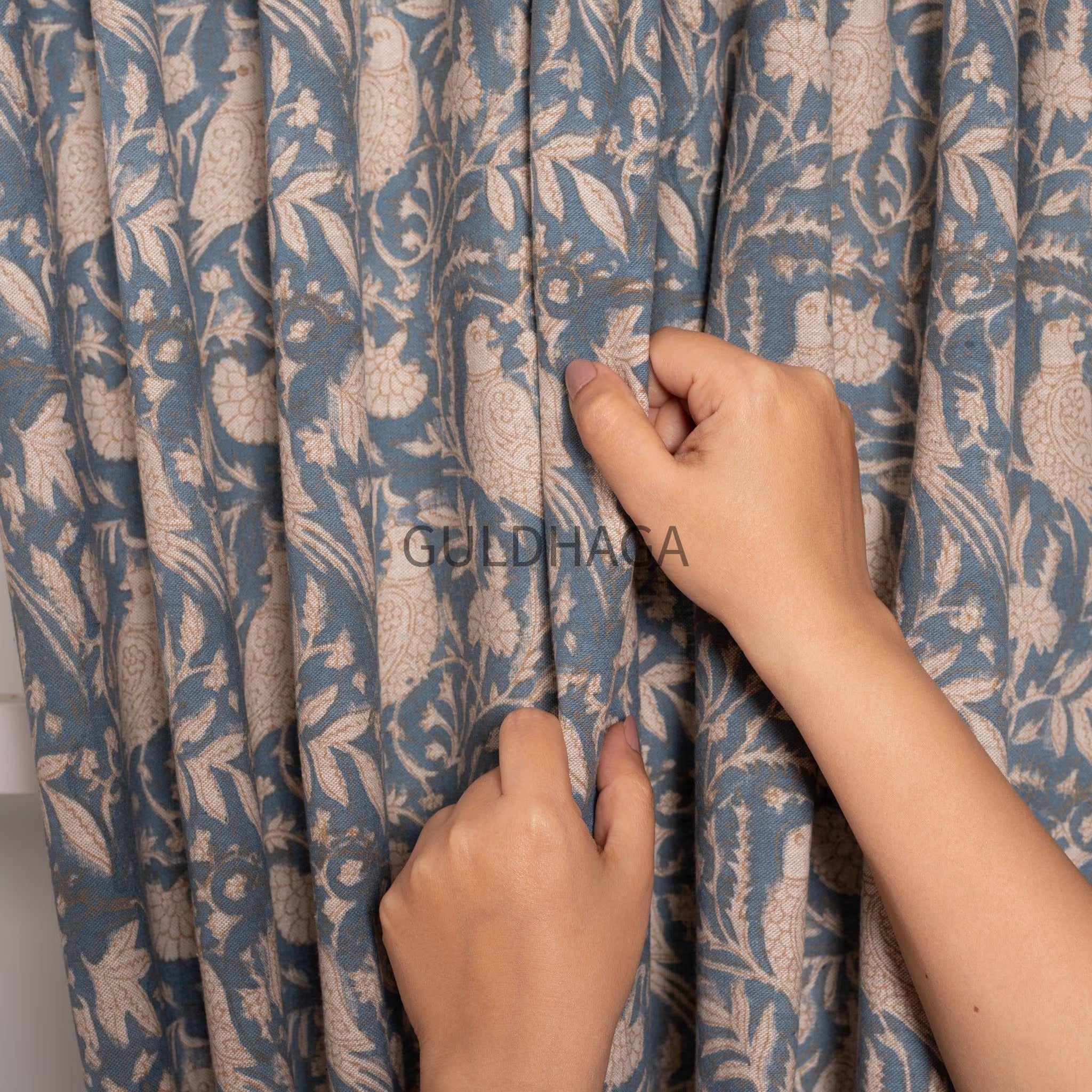Blue bird Block Printed Indian Block Print Cotton Curtain: Floral Sheer Bedroom Panel, Farmhouse curtain