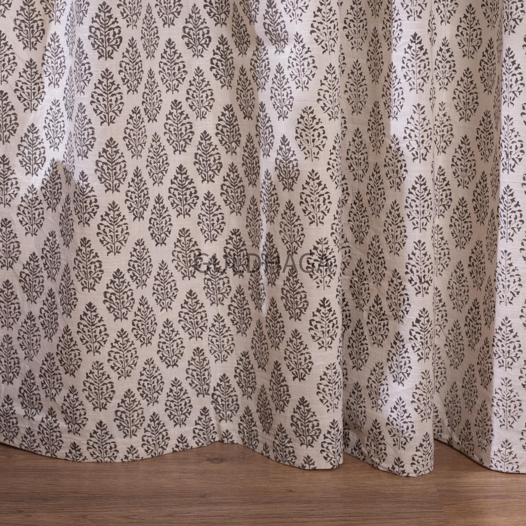 Gray Hand Block Print Cotton chambray Curtains, Floral Drapes for bedroom and living room, farmhouse curtains, semi sheer drapes