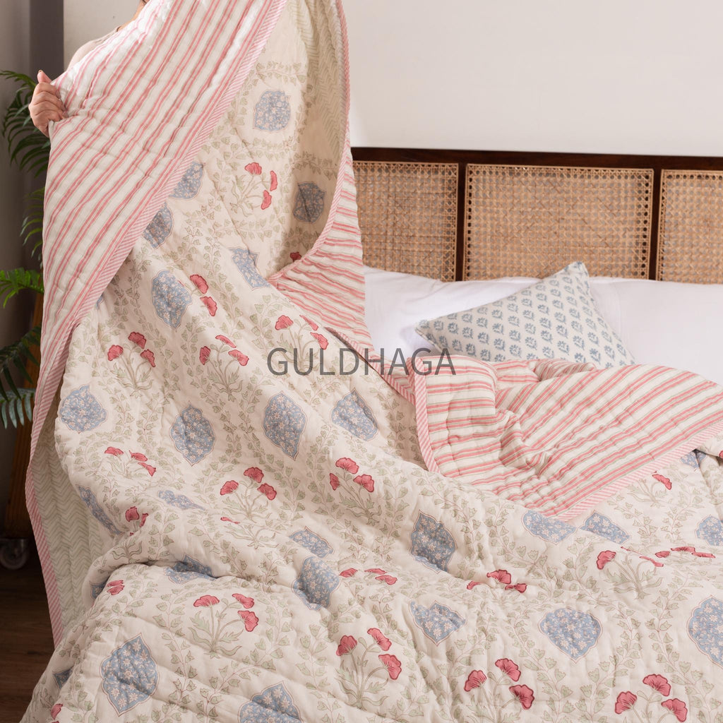Ivory with blue floral block printed quilt, cotton comforter for couch, queen size reversible bedspread, boho bedding, cotton coverlet