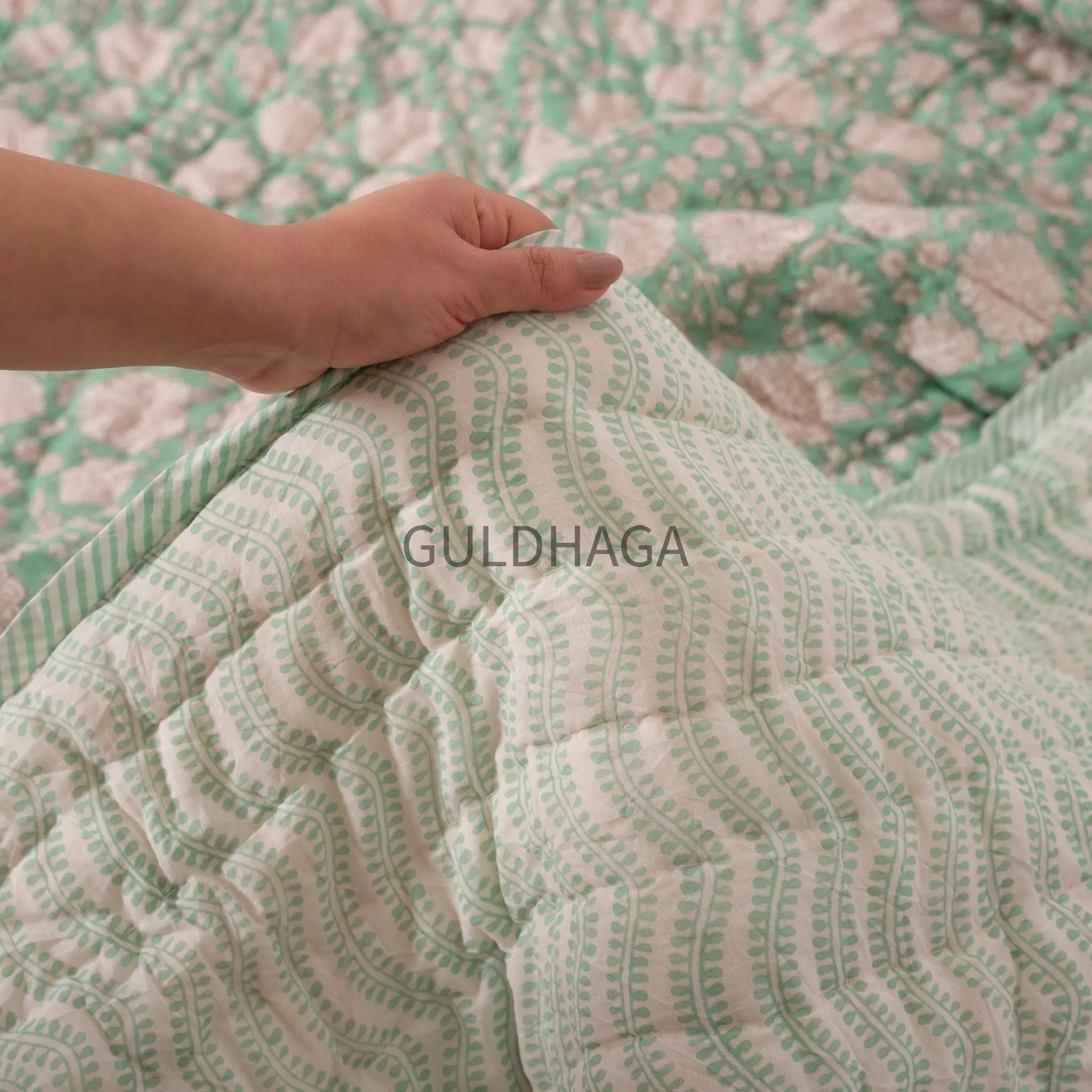 Green Summer Block Print Cotton Quilt, Boho Cotton Bedding, Handmade Indian bedspread, Reversible throw for Twin bedroom, All season quilt