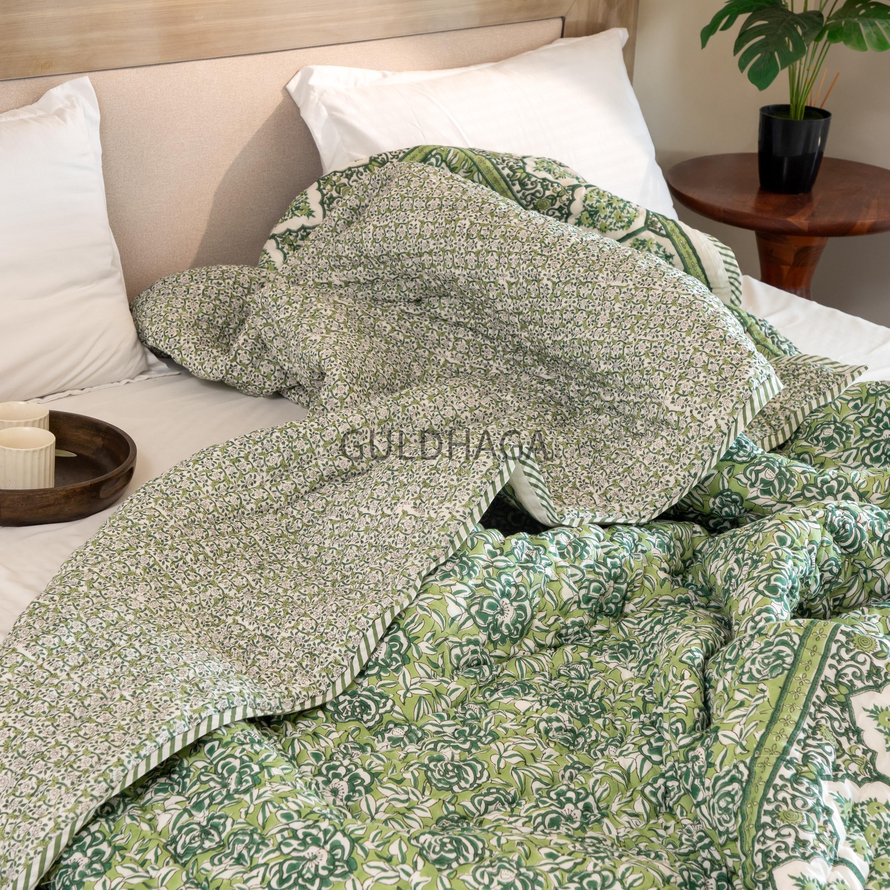 Green Summer Block Print Cotton Quilt, Boho Cotton Bedding, Handmade Indian bedspread, Reversible throw for Twin bedroom, All season quilt
