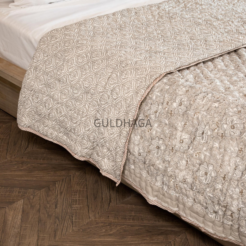 Stone Grey Block Print Cotton Quilt, Floral Cotton Bedding, Handmade Boho throw, Reversible Bedspread for Twin quilt, housewarming gift