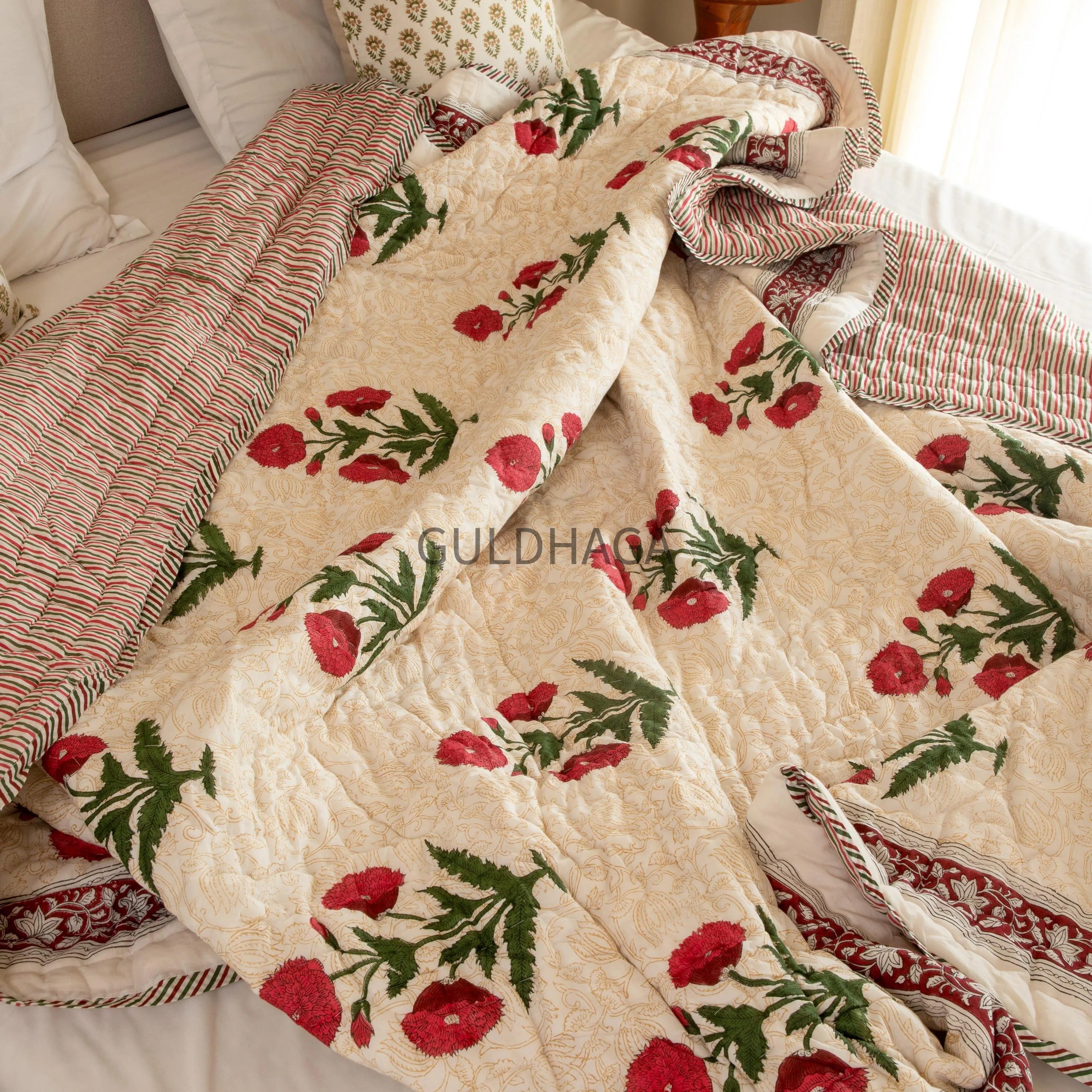Flax Beige & Poppy Red Handmade Indian Cotton Quilt, Block Printed King Soft Quilt, Cotton Comforter, Boho Reversible quilt, couch Coverlet