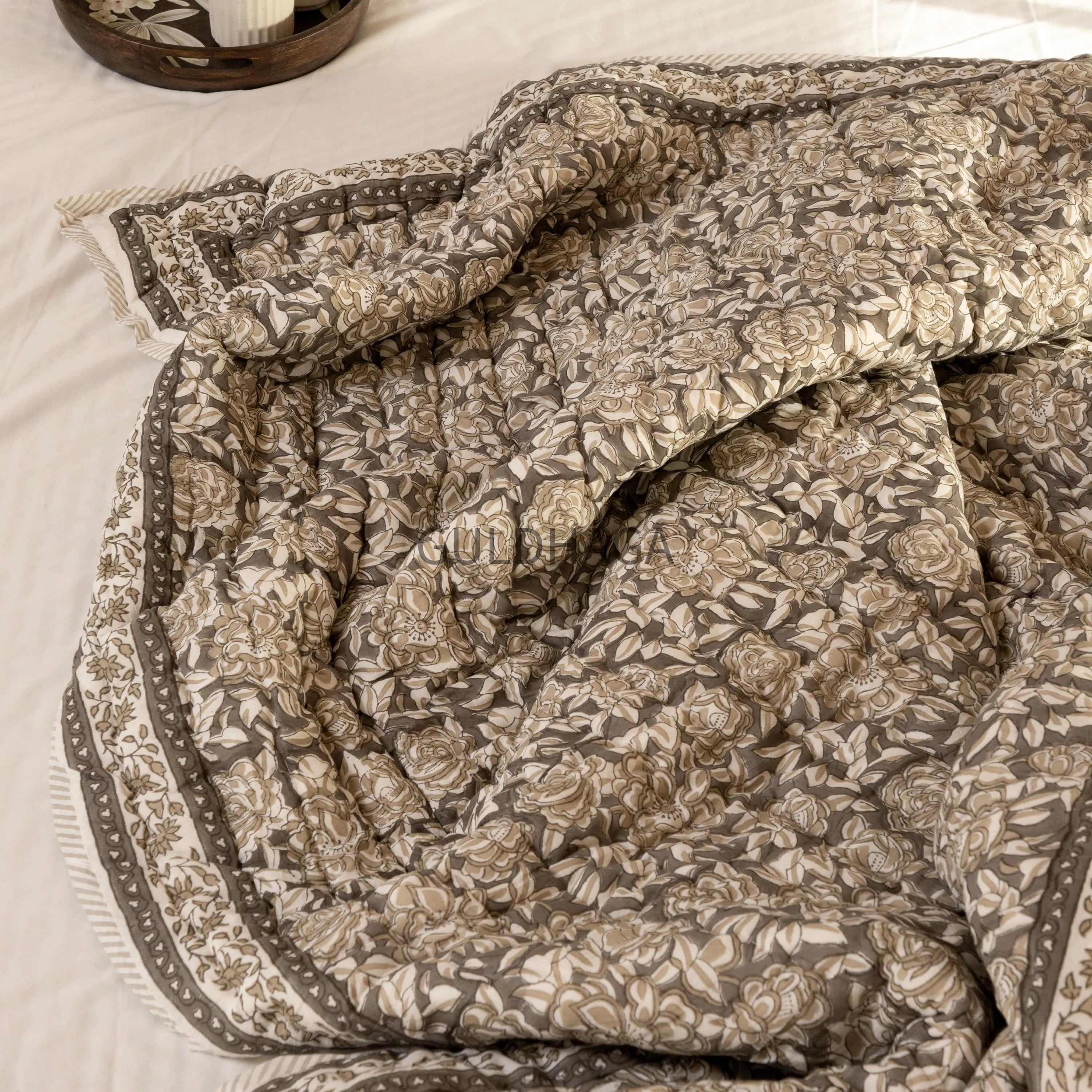 Moonstone Grey Hand Block Print Cotton Quilt, Floral Indian Bedding, Reversible coverlet, king comforter, All season quilt, Anokhi quilt