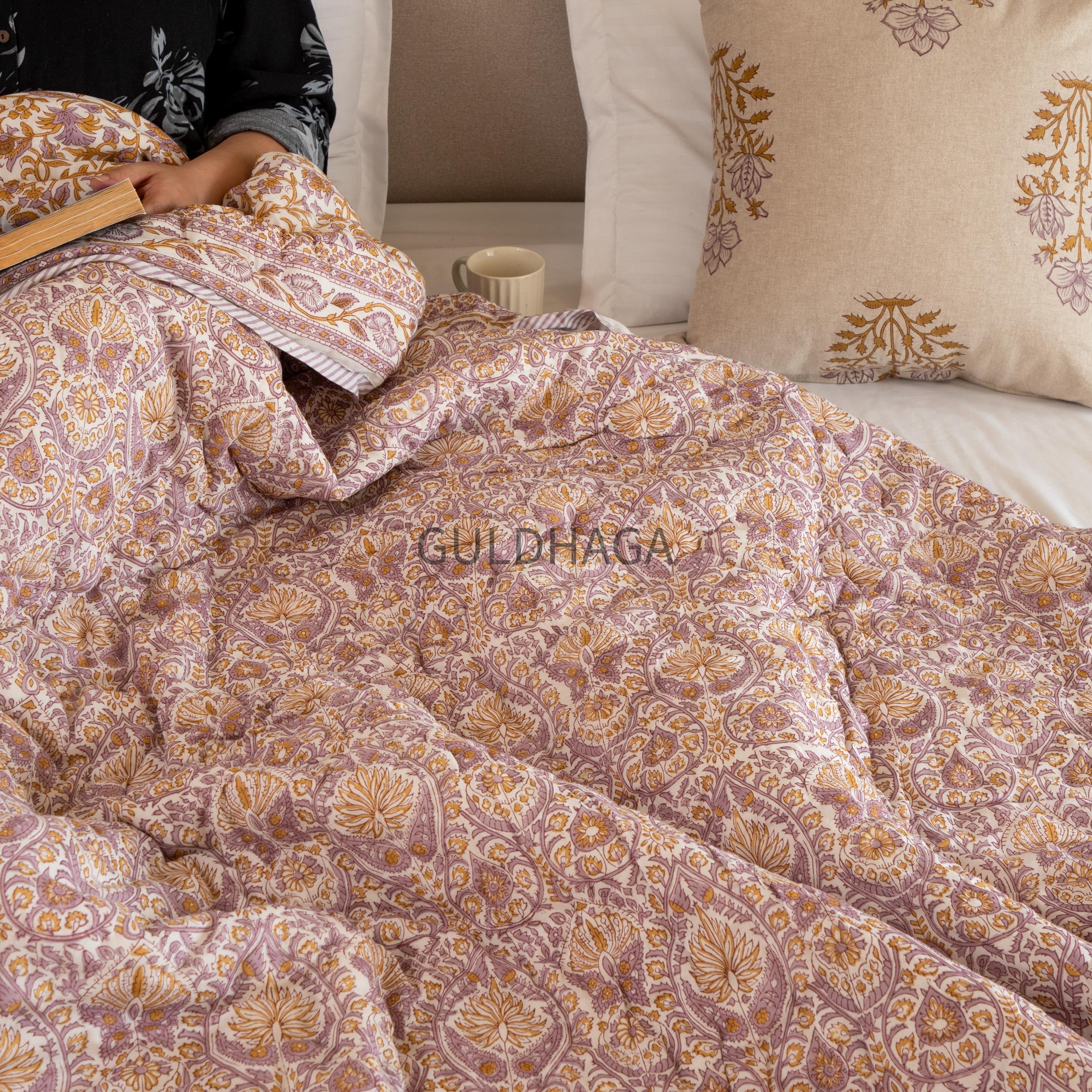 light purple Hand Block Print Cotton Quilt, Floral Indian Bedding, Reversible coverlet, king comforter, All season quilt, Anokhi quilt