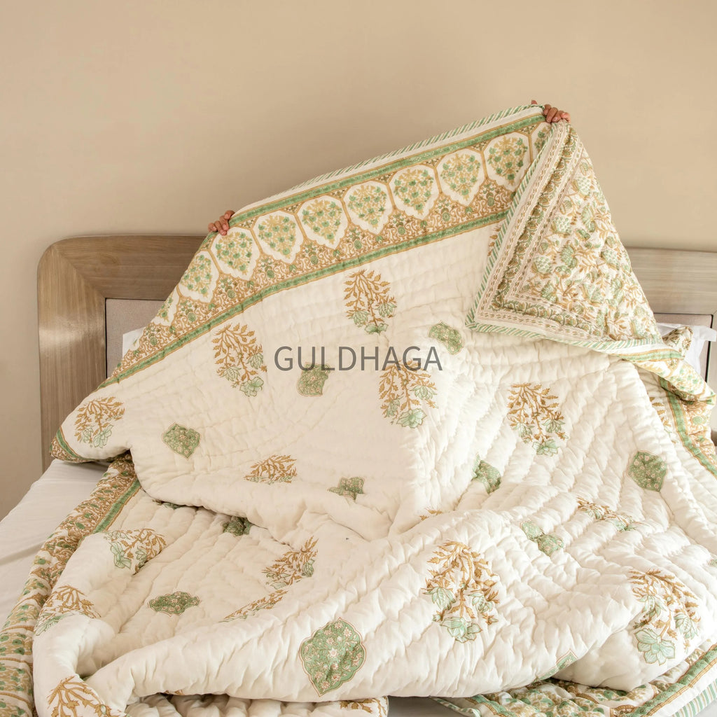Ivory and Sage Green Floral Block Print Quilt, cotton comforter for couch, queen size reversible bedspread, boho bedding, cotton coverlet