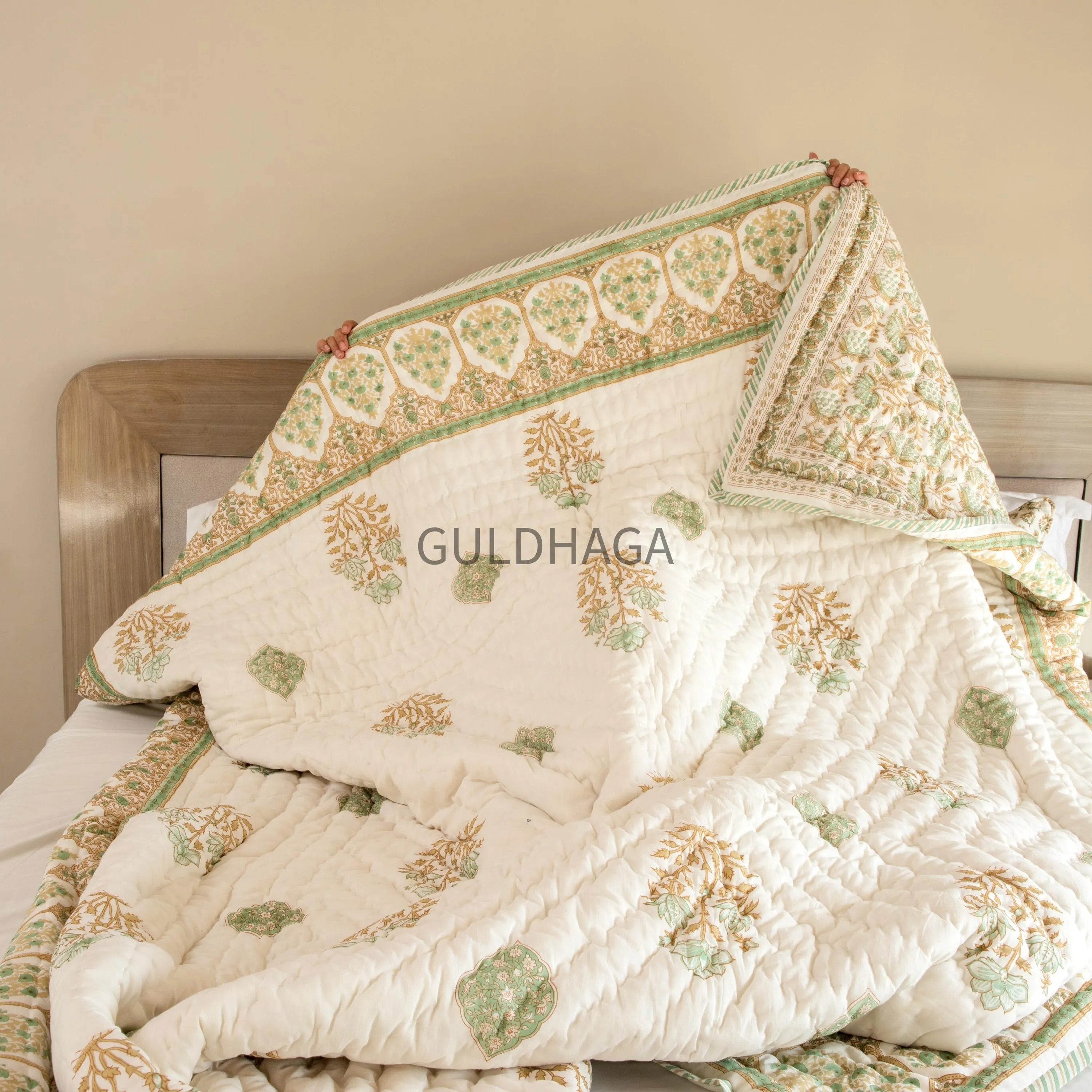 Ivory and Sage Green Floral Block Print Quilt, cotton comforter for couch, queen size reversible bedspread, boho bedding, cotton coverlet