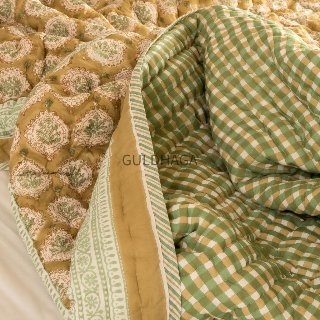 Sage Gingham & Honey Hand Block Print Cotton Quilt, Floral Indian Bedding, Reversible coverlet, king comforter, All season quilt, Anokhi qui