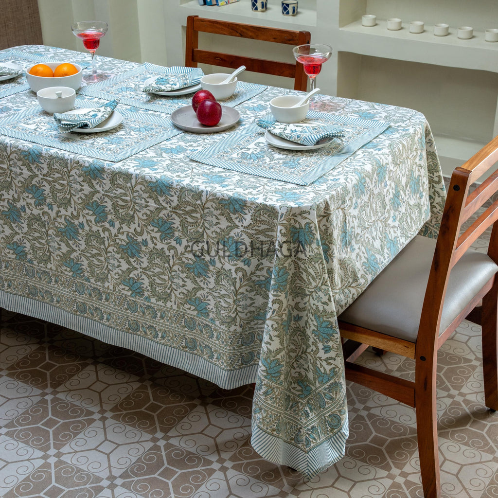 Blue Botanical Block Print Tablecloth, Handmade Indian Cotton Table Linen, Farmhouse Dining Decor, Table Runner & Napkins