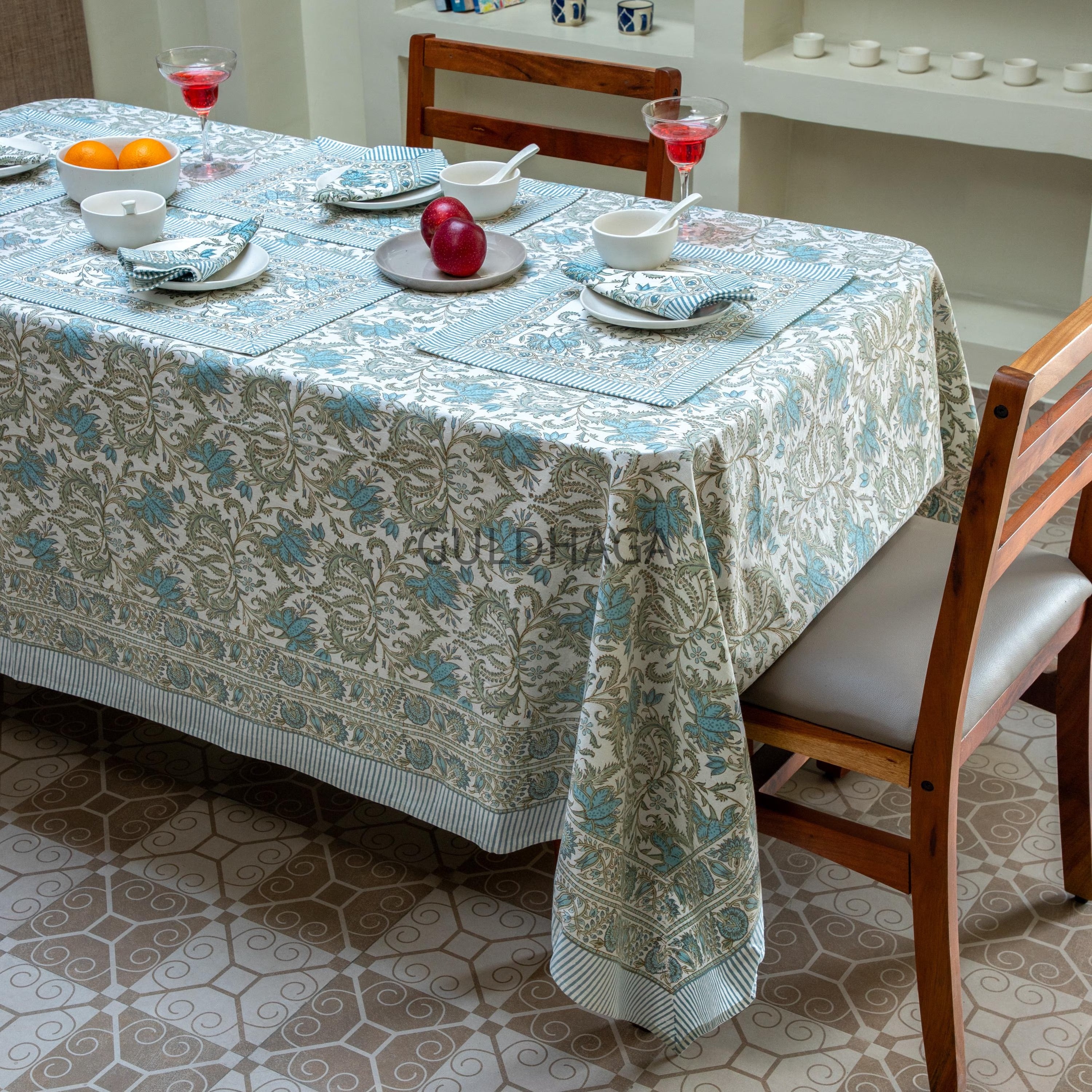 Blue Botanical Block Print Tablecloth, Handmade Indian Cotton Table Linen, Farmhouse Dining Decor, Table Runner & Napkins