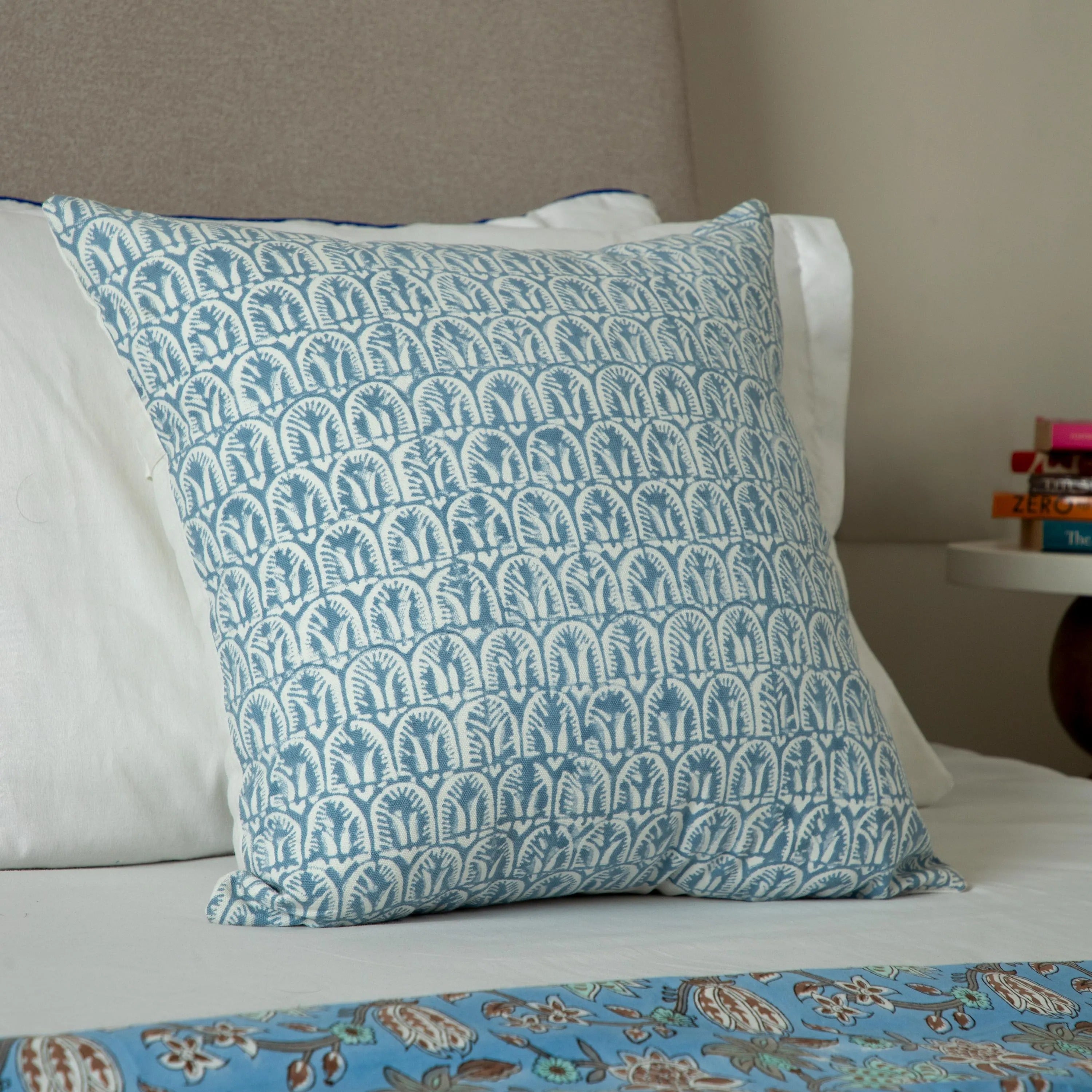 Blue Decorative Throw pillow, Floral Print on Natural Cotton pillow Cover, Boho Cushion Cover, Printed linen pillows, Throw pillow for sale