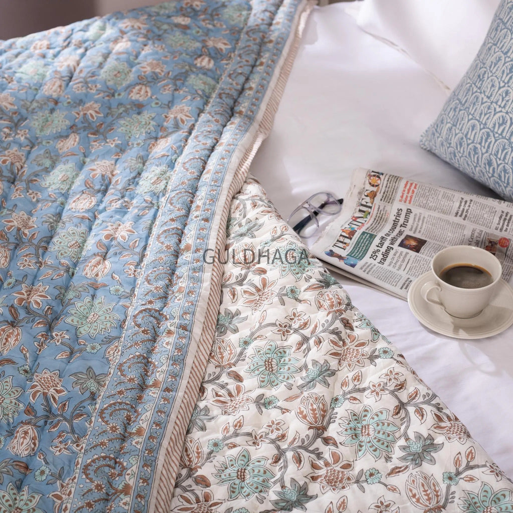 Dusty powder Blue Cotton Quilt, Indian Hand Block Printed couch throw, Floral Printed Queen Comforter, Soft Summer Blanket, All Season Quilt
