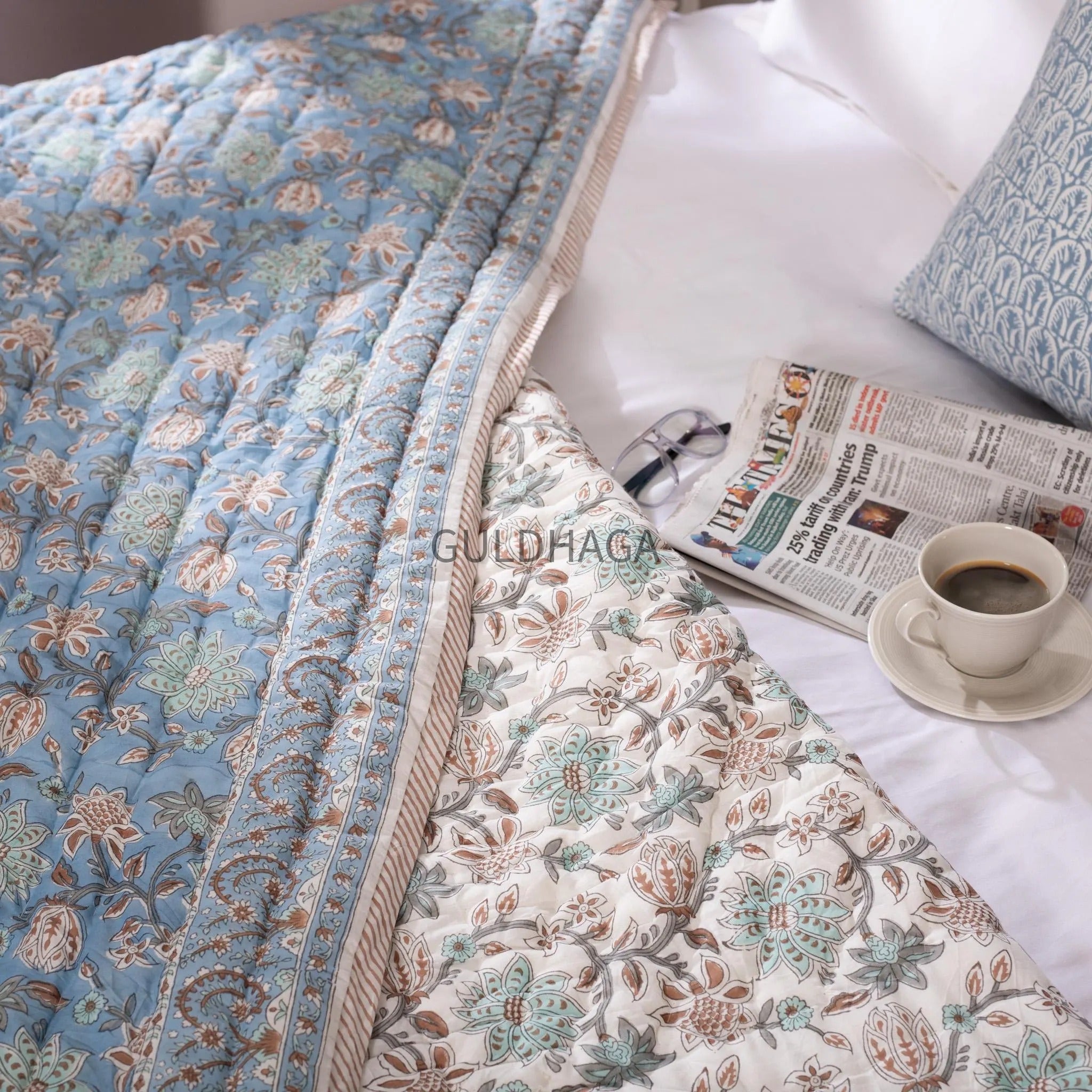 Dusty powder Blue Cotton Quilt, Indian Hand Block Printed couch throw, Floral Printed Queen Comforter, Soft Summer Blanket, All Season Quilt