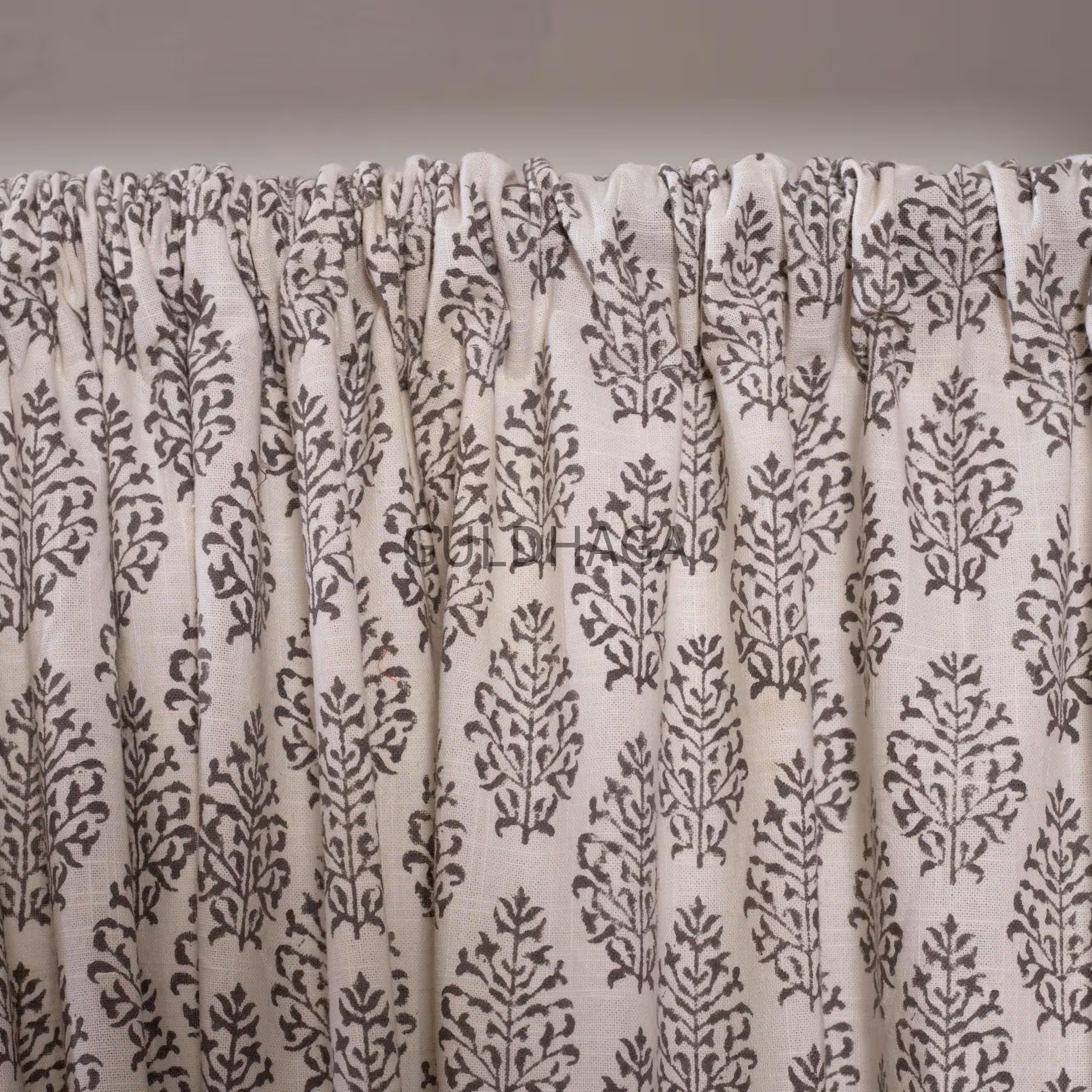 Gray Hand Block Print Cotton chambray Curtains, Floral Drapes for bedroom and living room, farmhouse curtains, semi sheer drapes