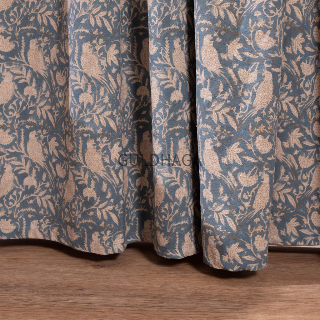 Blue bird Block Printed Indian Block Print Cotton Curtain: Floral Sheer Bedroom Panel, Farmhouse curtain