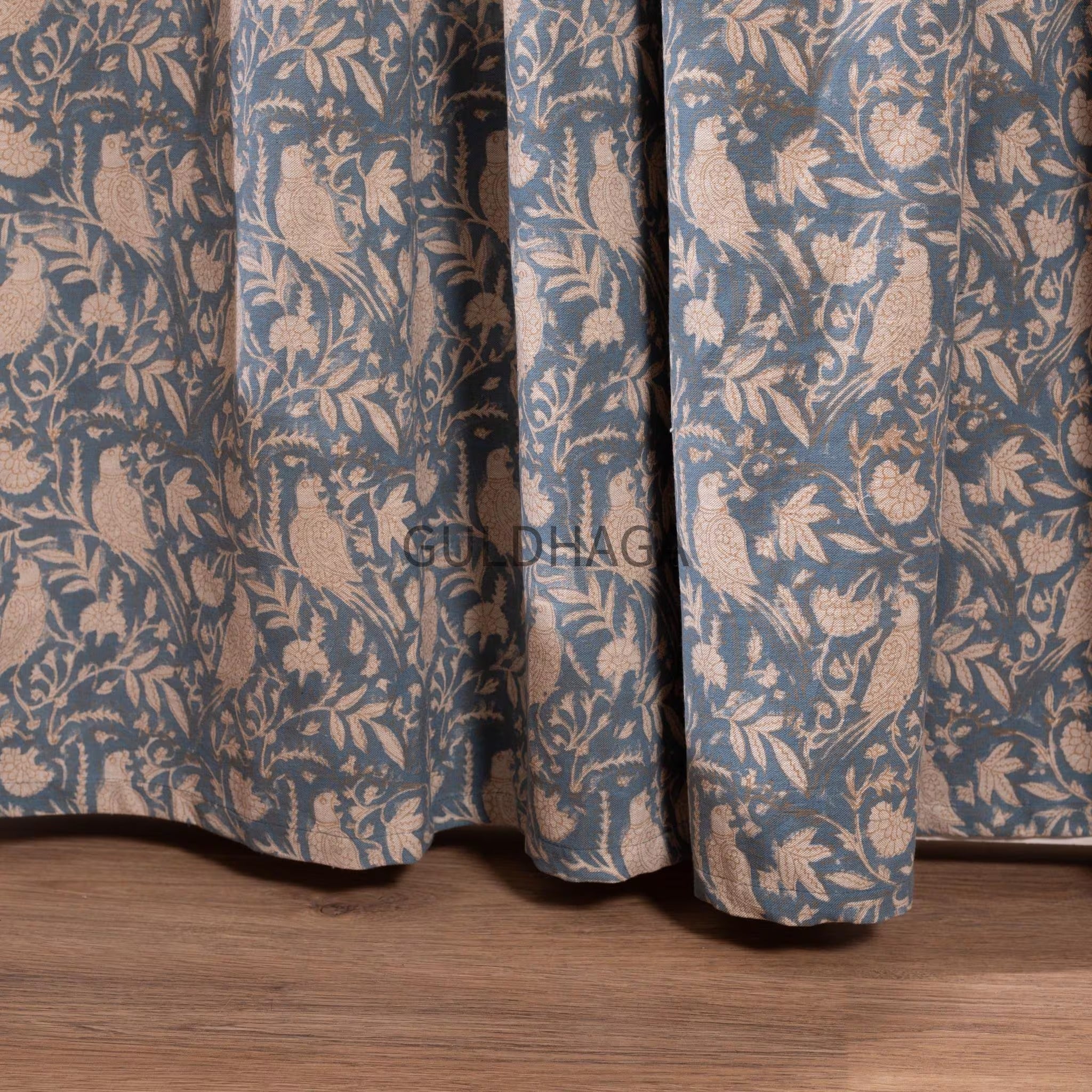 Blue bird Block Printed Indian Block Print Cotton Curtain: Floral Sheer Bedroom Panel, Farmhouse curtain