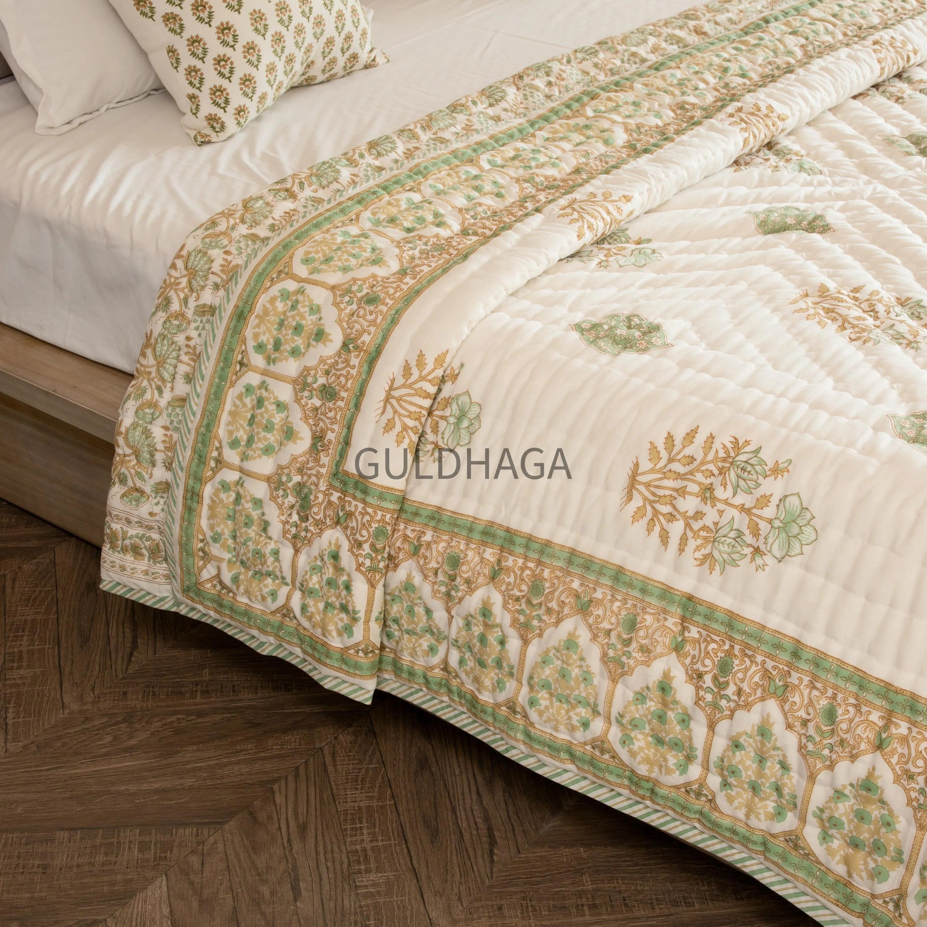 Ivory and Sage Green Floral Block Print Quilt, cotton comforter for couch, queen size reversible bedspread, boho bedding, cotton coverlet