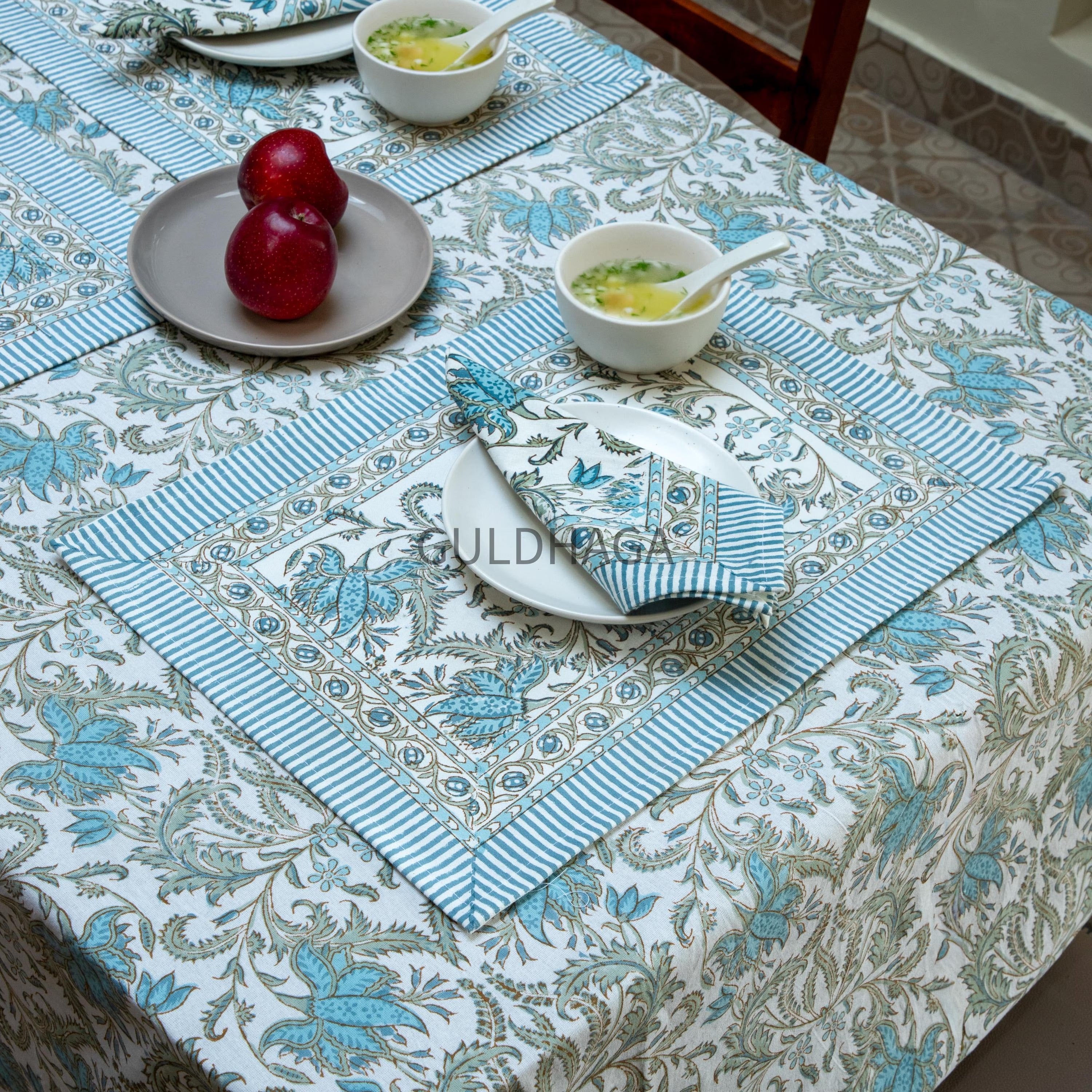 Blue Botanical Block Print Tablecloth, Handmade Indian Cotton Table Linen, Farmhouse Dining Decor, Table Runner & Napkins