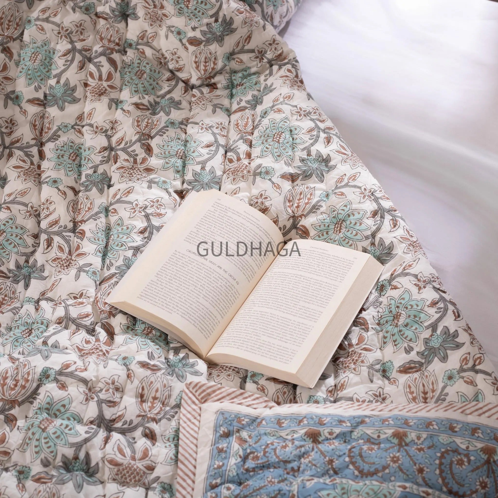 Dusty powder Blue Cotton Quilt, Indian Hand Block Printed couch throw, Floral Printed Queen Comforter, Soft Summer Blanket, All Season Quilt