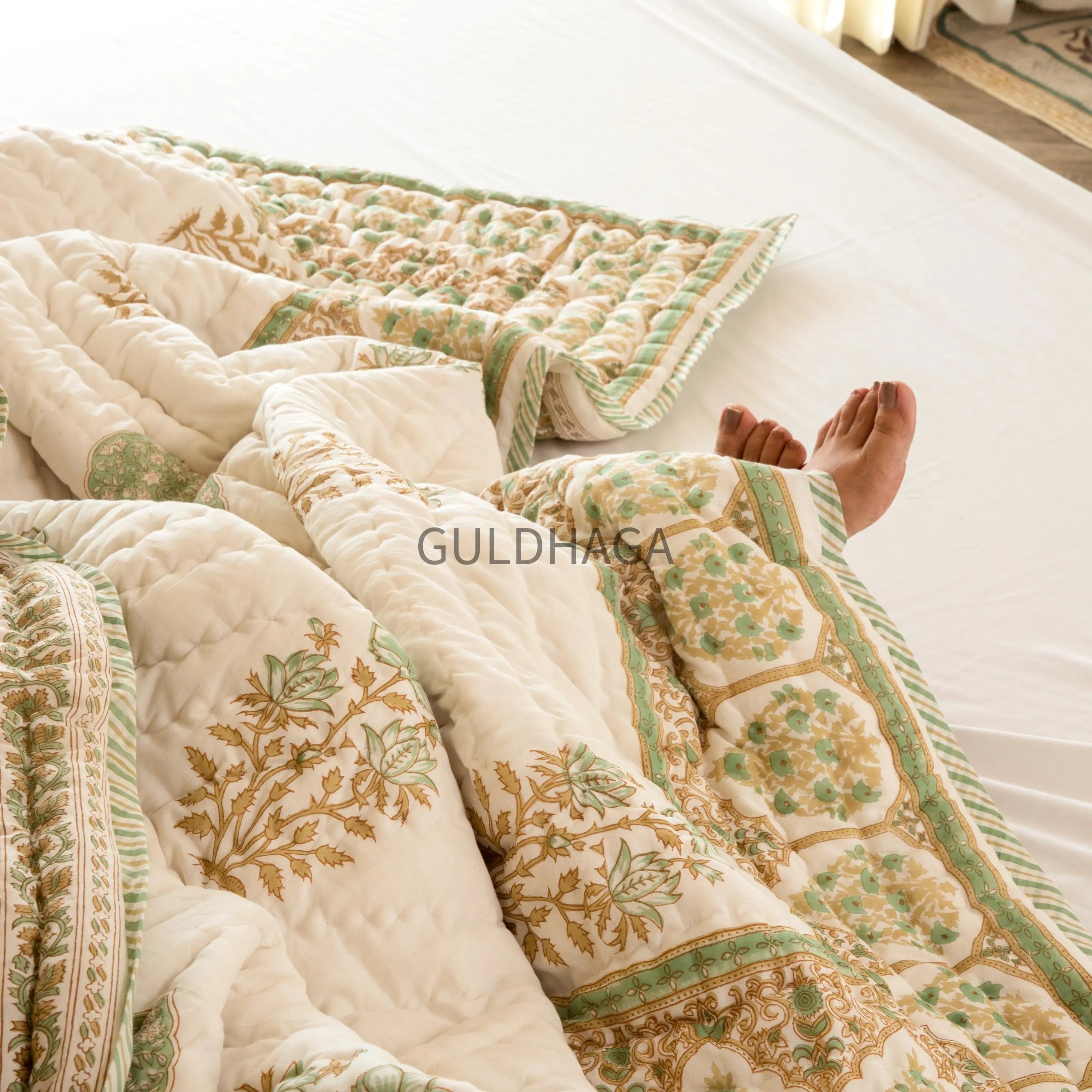 Ivory and Sage Green Floral Block Print Quilt, cotton comforter for couch, queen size reversible bedspread, boho bedding, cotton coverlet