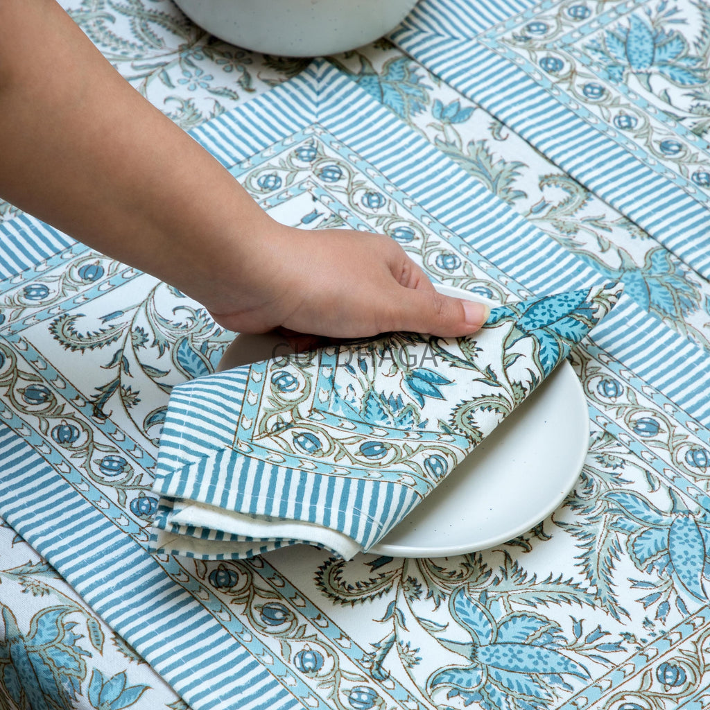 Blue Botanical Block Print Tablecloth, Handmade Indian Cotton Table Linen, Farmhouse Dining Decor, Table Runner & Napkins