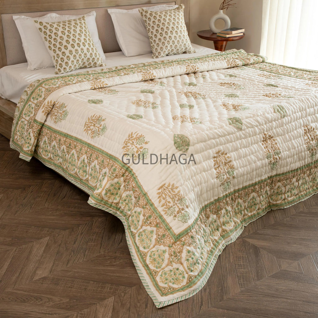 Ivory and Sage Green Floral Block Print Quilt, cotton comforter for couch, queen size reversible bedspread, boho bedding, cotton coverlet