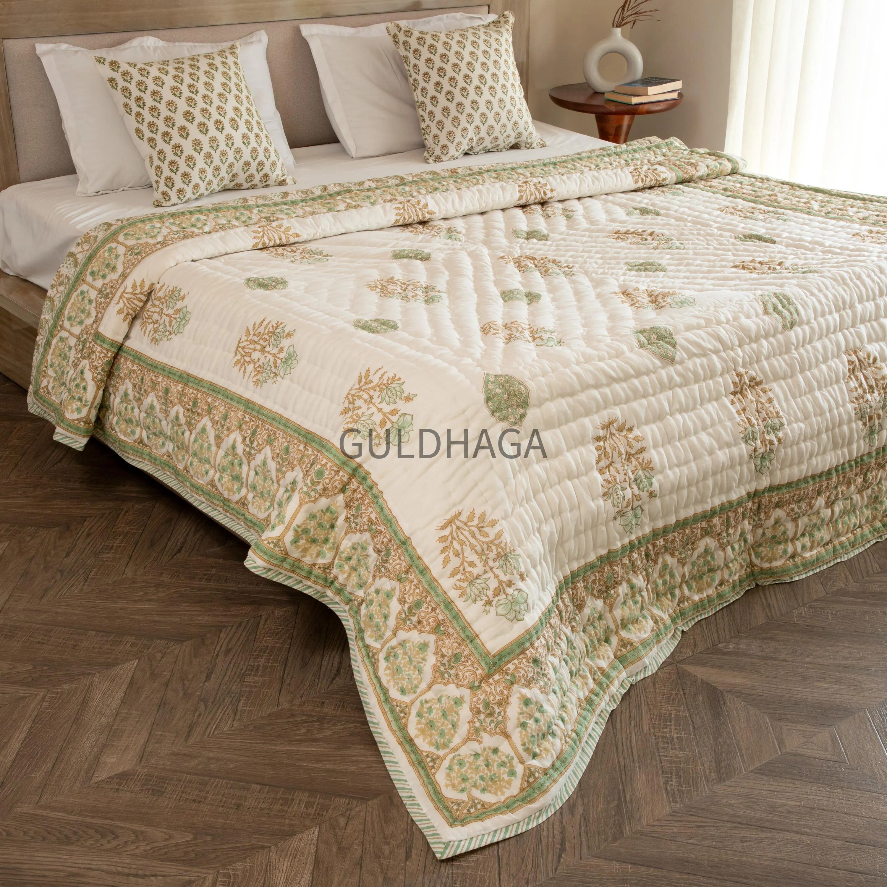 Ivory and Sage Green Floral Block Print Quilt, cotton comforter for couch, queen size reversible bedspread, boho bedding, cotton coverlet
