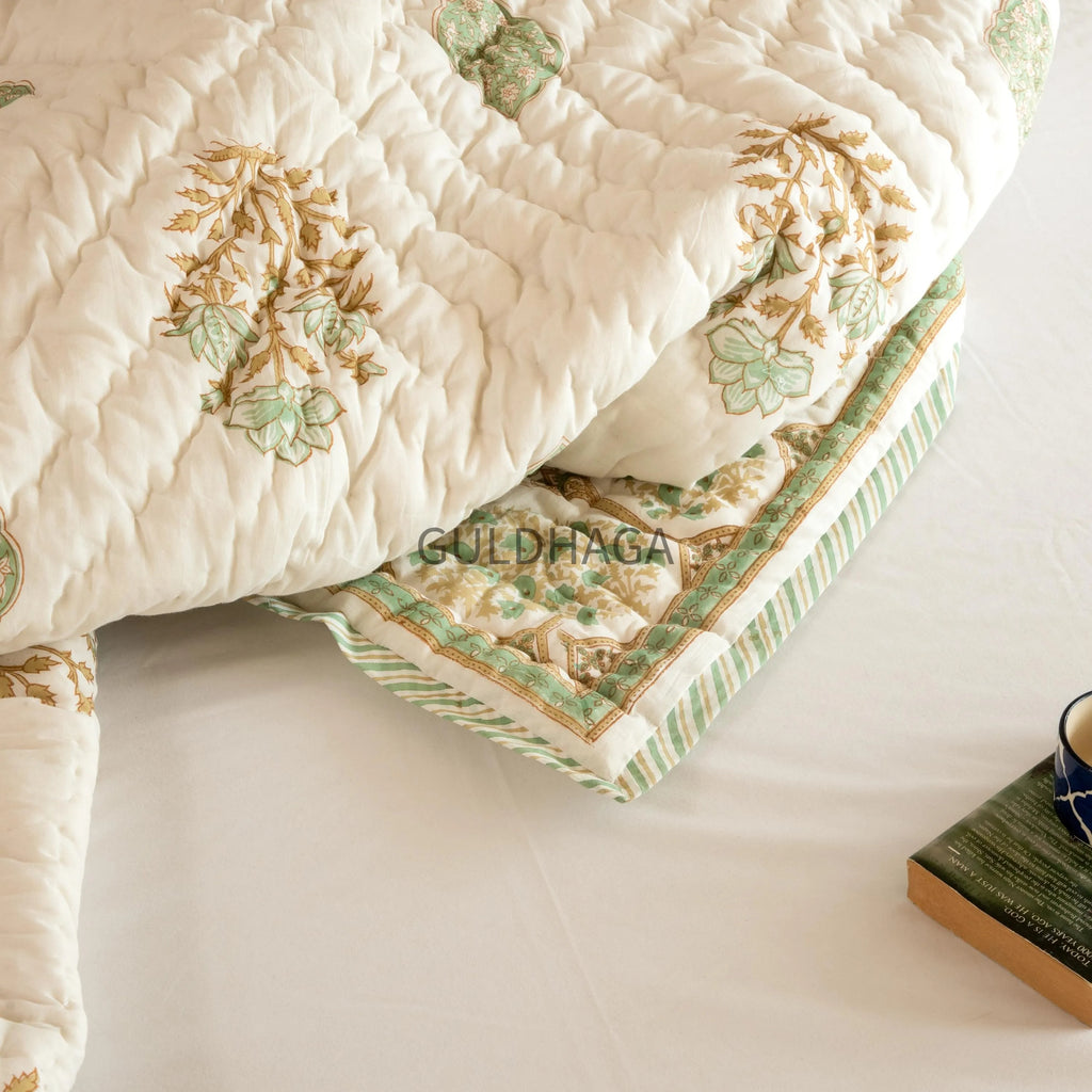 Ivory and Sage Green Floral Block Print Quilt, cotton comforter for couch, queen size reversible bedspread, boho bedding, cotton coverlet