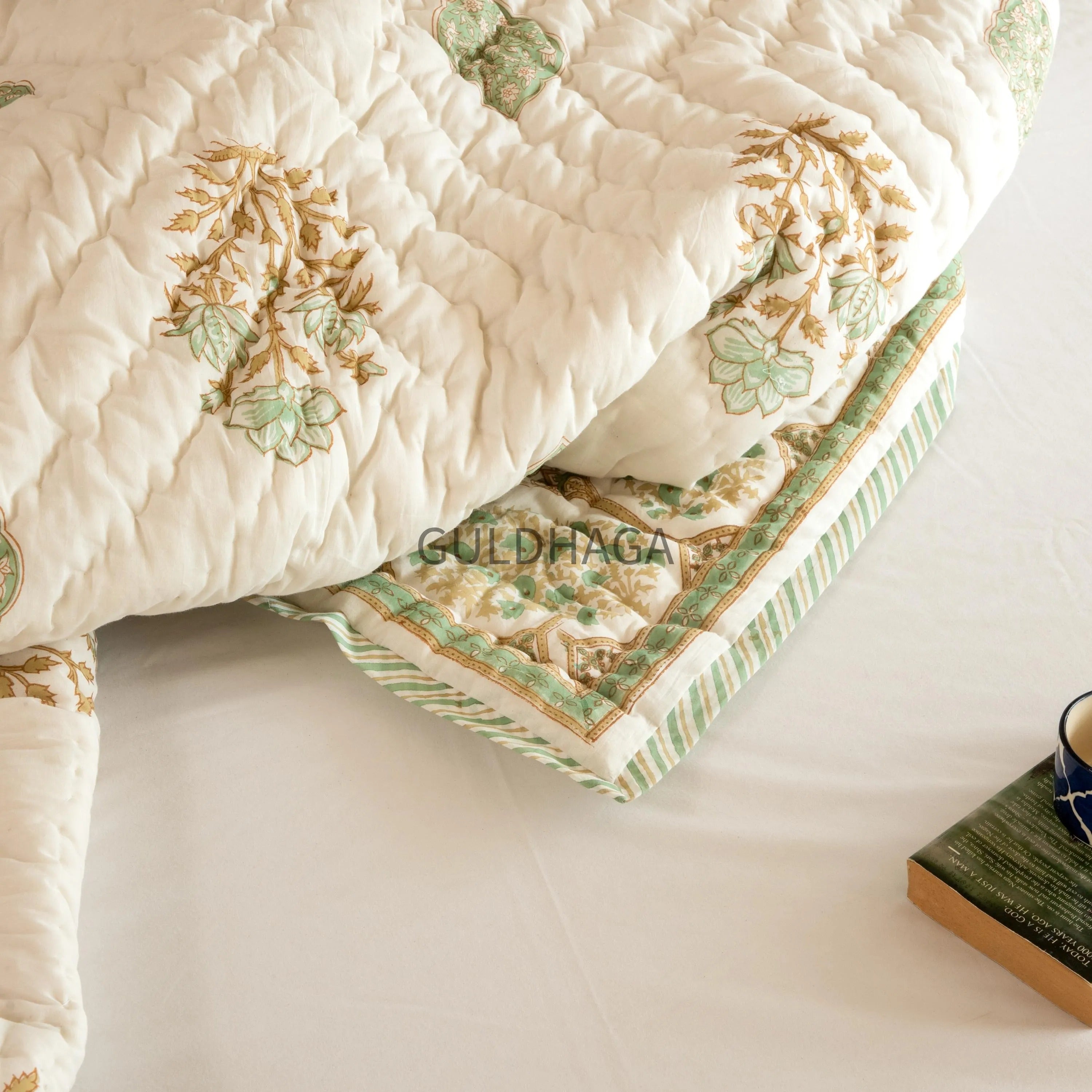 Ivory and Sage Green Floral Block Print Quilt, cotton comforter for couch, queen size reversible bedspread, boho bedding, cotton coverlet