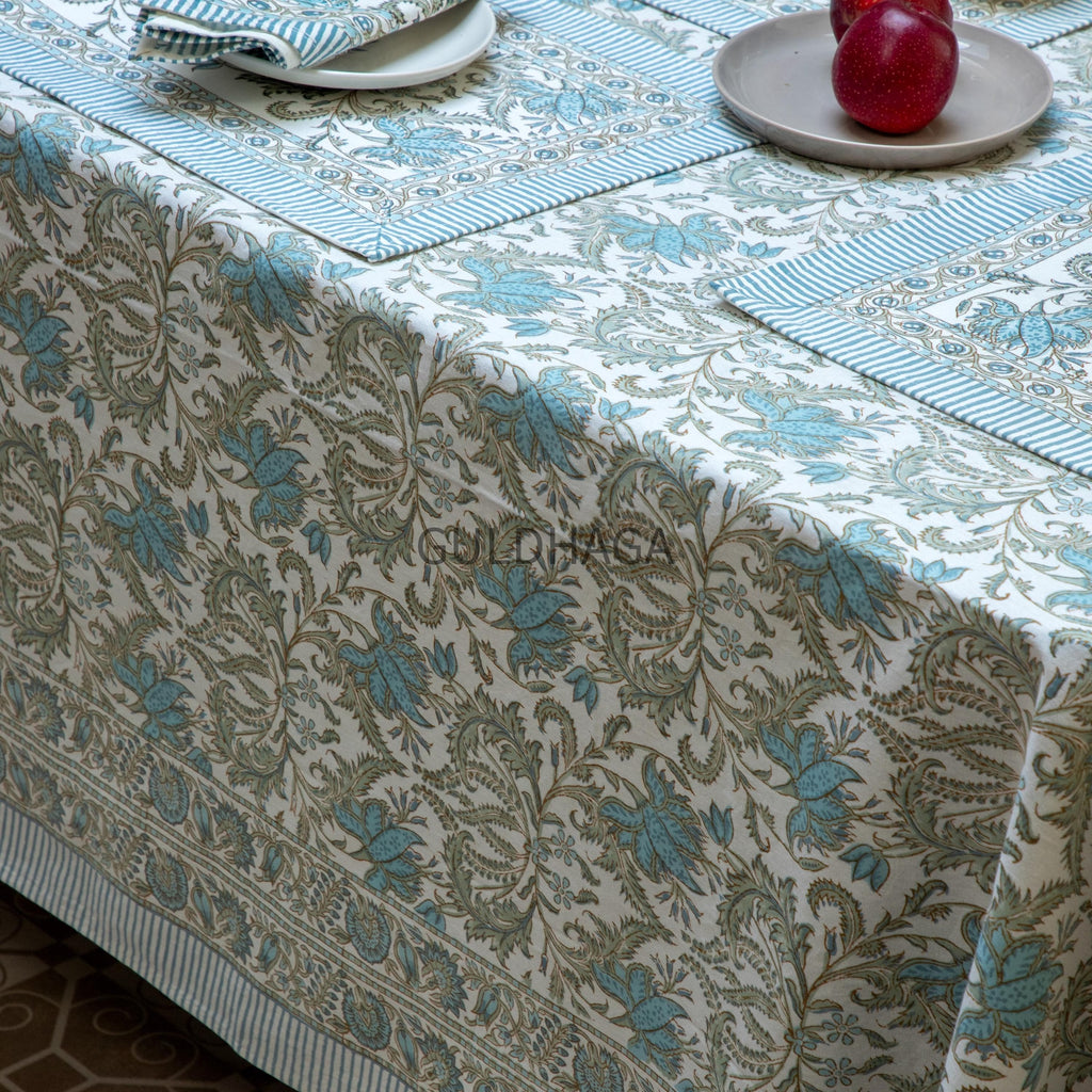 Blue Botanical Block Print Tablecloth, Handmade Indian Cotton Table Linen, Farmhouse Dining Decor, Table Runner & Napkins