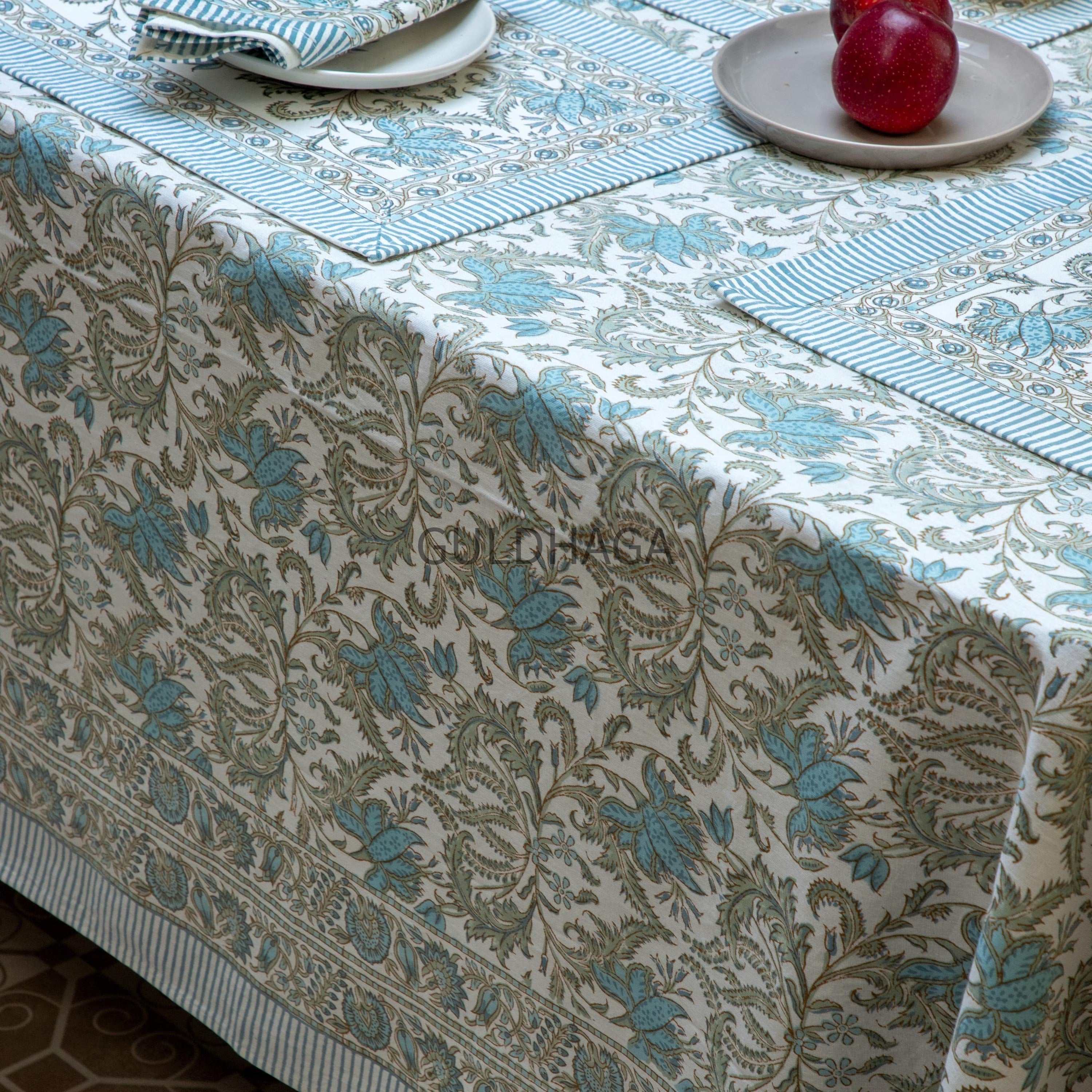 Blue Botanical Block Print Tablecloth, Handmade Indian Cotton Table Linen, Farmhouse Dining Decor, Table Runner & Napkins