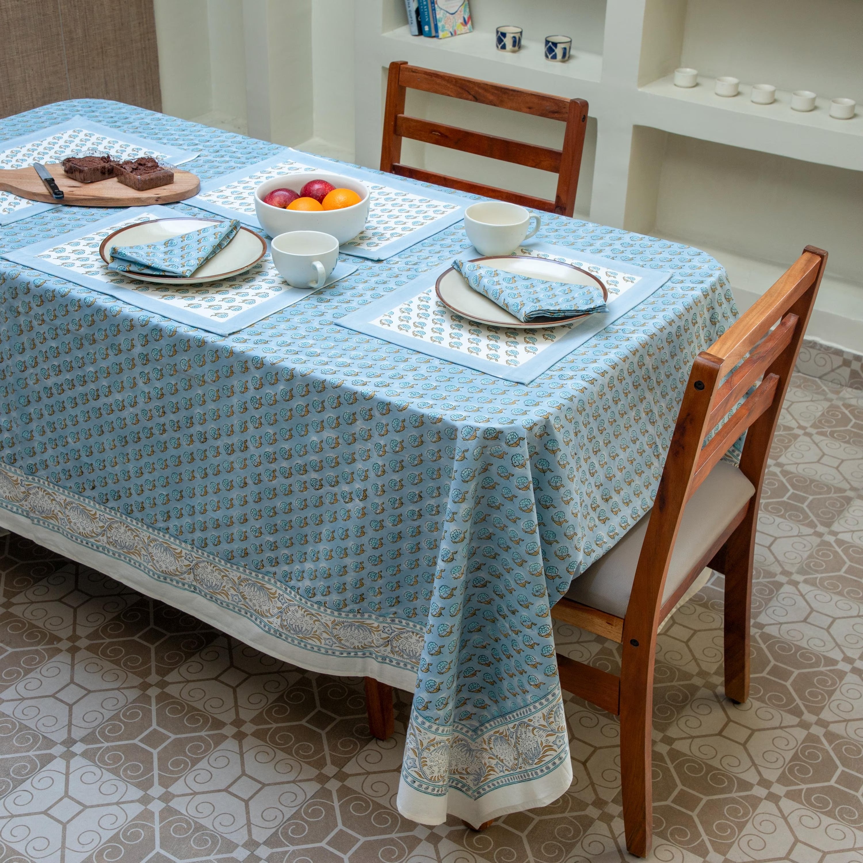 Blue Buti Hand Block Technique Printed Tablecloth | Square Table Linen | Exclusive Party Decor Table Cover | Blue & White Table Cover