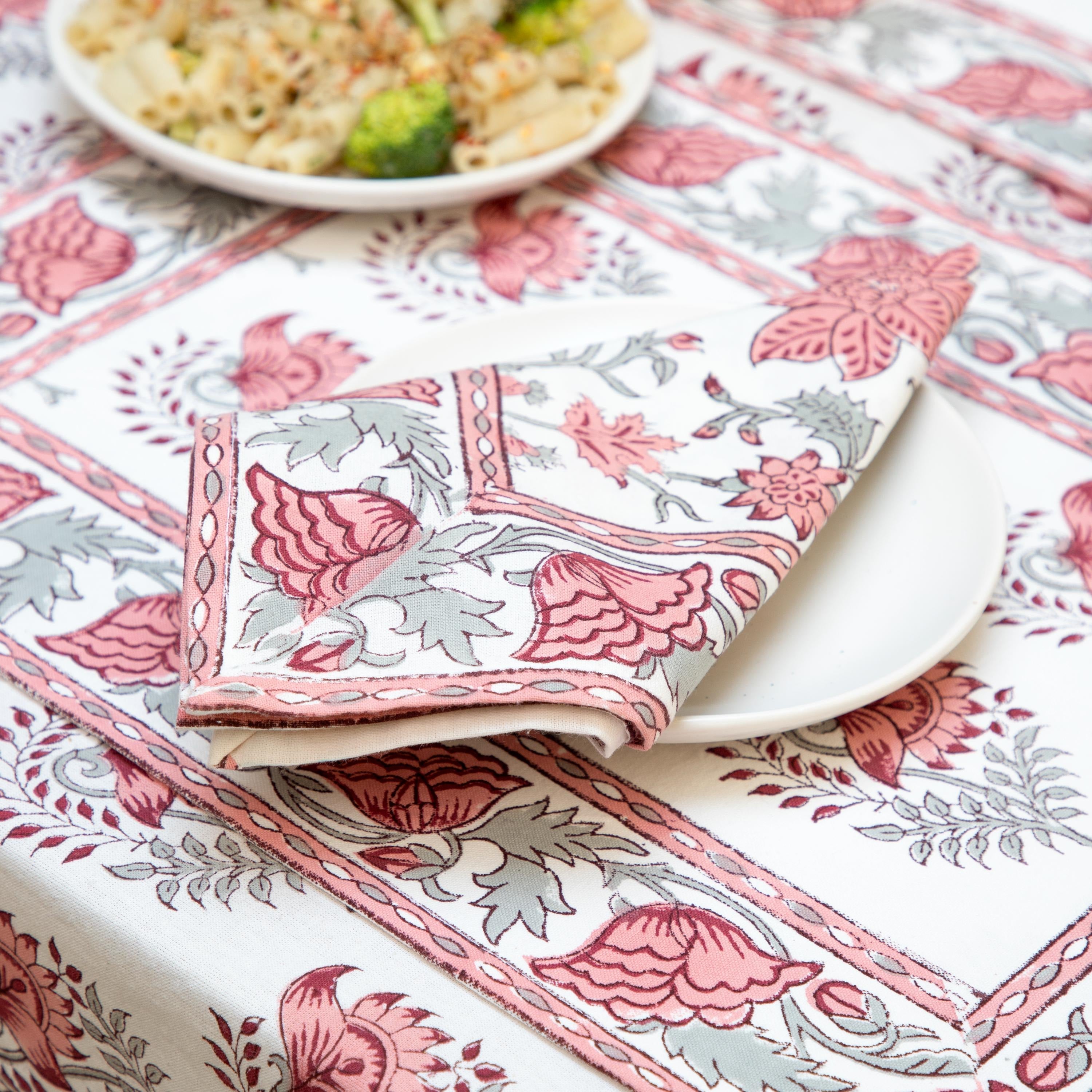Blush Pink Indian Tablecloth, Hand Block Print Cotton Table Linen, Floral Table Runner,Tablecloth Runner Napkins, Gift For Housewarming