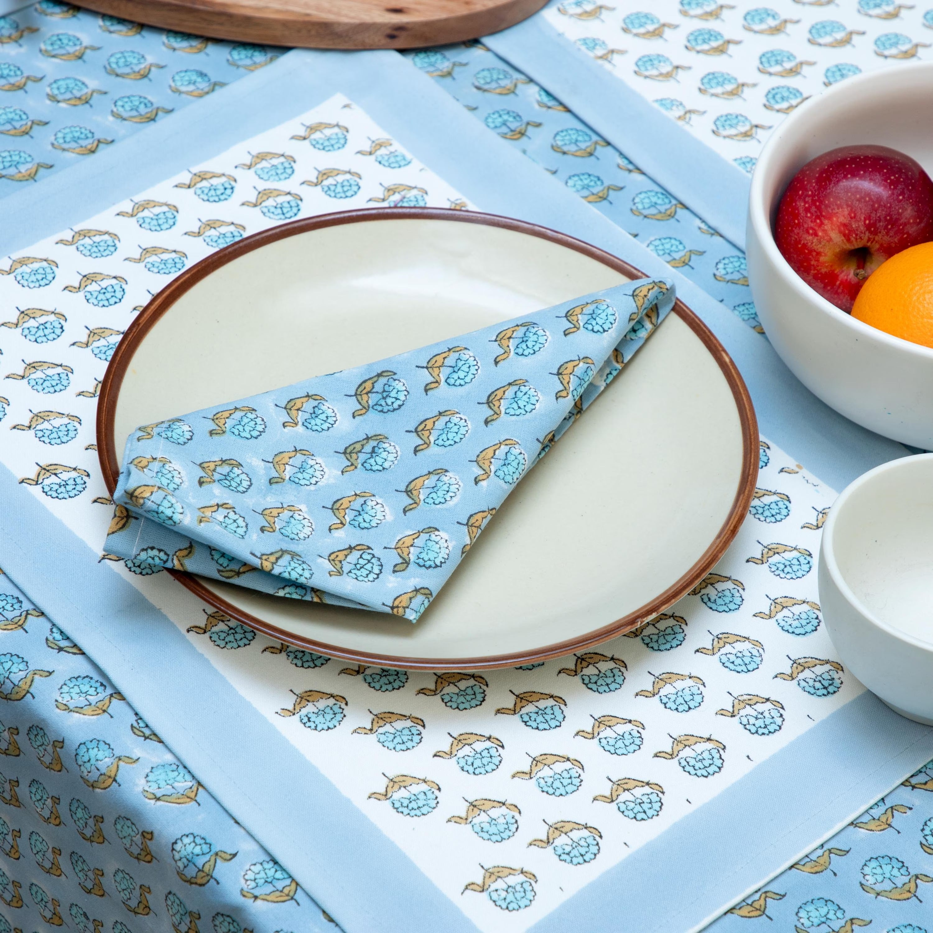 Blue Buti Hand Block Technique Printed Tablecloth | Square Table Linen | Exclusive Party Decor Table Cover | Blue & White Table Cover