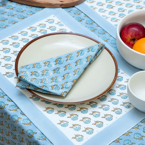 Blue Buti Hand Block Technique Printed Tablecloth | Square Table Linen | Exclusive Party Decor Table Cover | Blue & White Table Cover