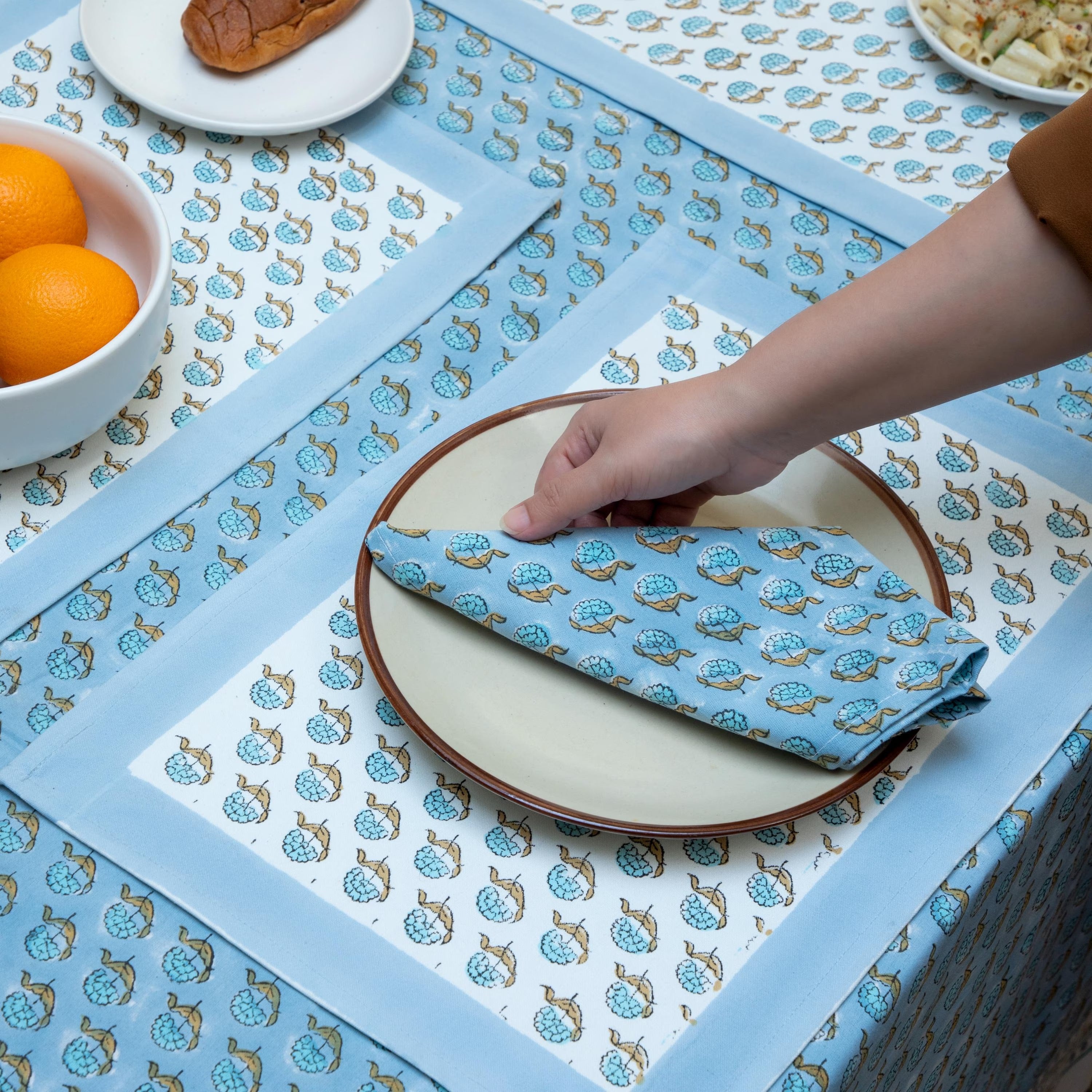 Blue Buti Hand Block Technique Printed Tablecloth | Square Table Linen | Exclusive Party Decor Table Cover | Blue & White Table Cover