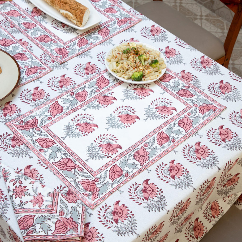 Blush Pink Indian Tablecloth, Hand Block Print Cotton Table Linen, Floral Table Runner,Tablecloth Runner Napkins, Gift For Housewarming