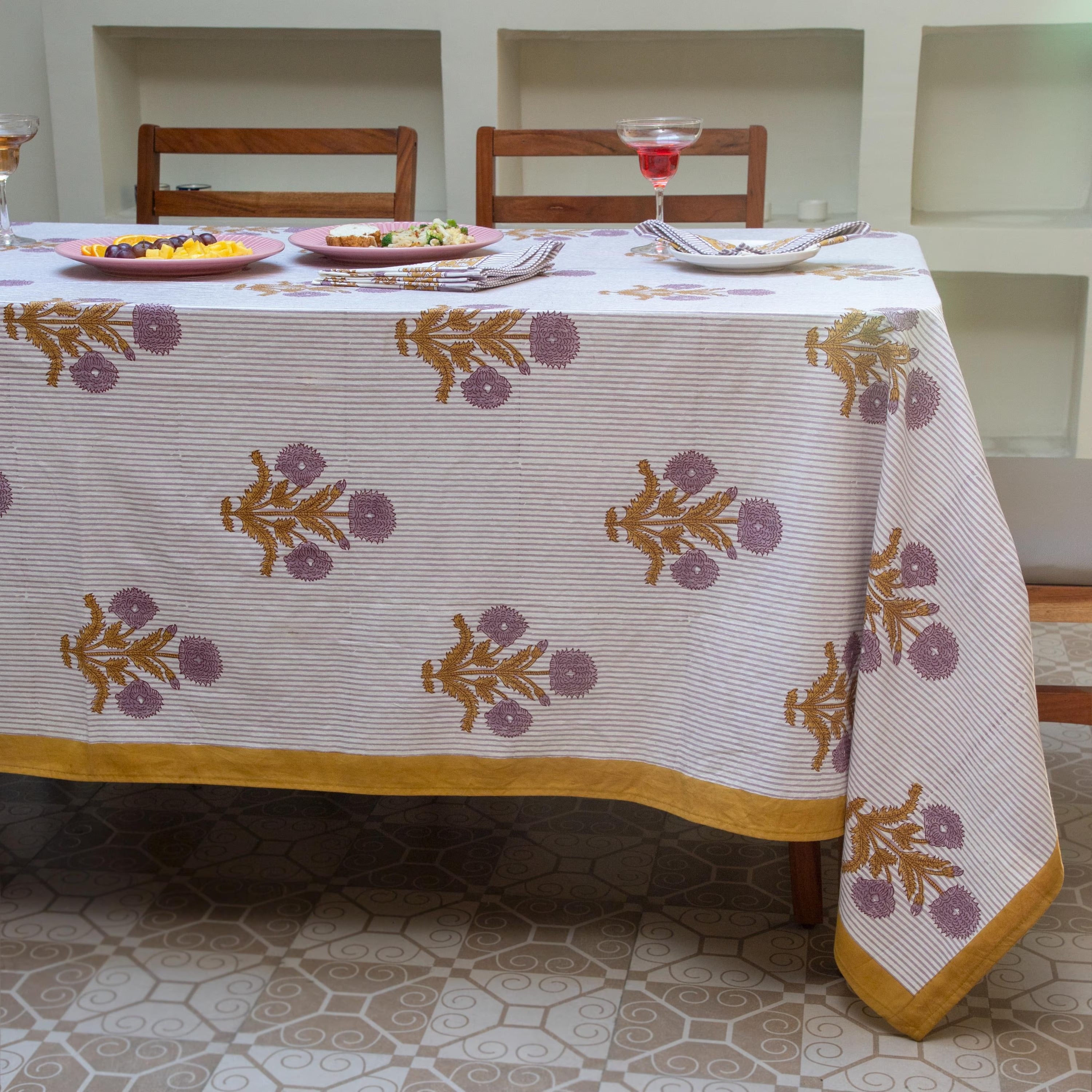 Mustard & Lavender Tablecloth on Sale, Floral Cotton Table Cover, Table Cloth Runner Mats Napkins Set ,Jaipur Tablecloth, Floral Table Linen