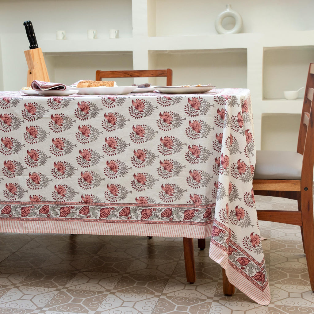 Blush Pink Indian Tablecloth, Hand Block Print Cotton Table Linen, Floral Table Runner,Tablecloth Runner Napkins, Gift For Housewarming