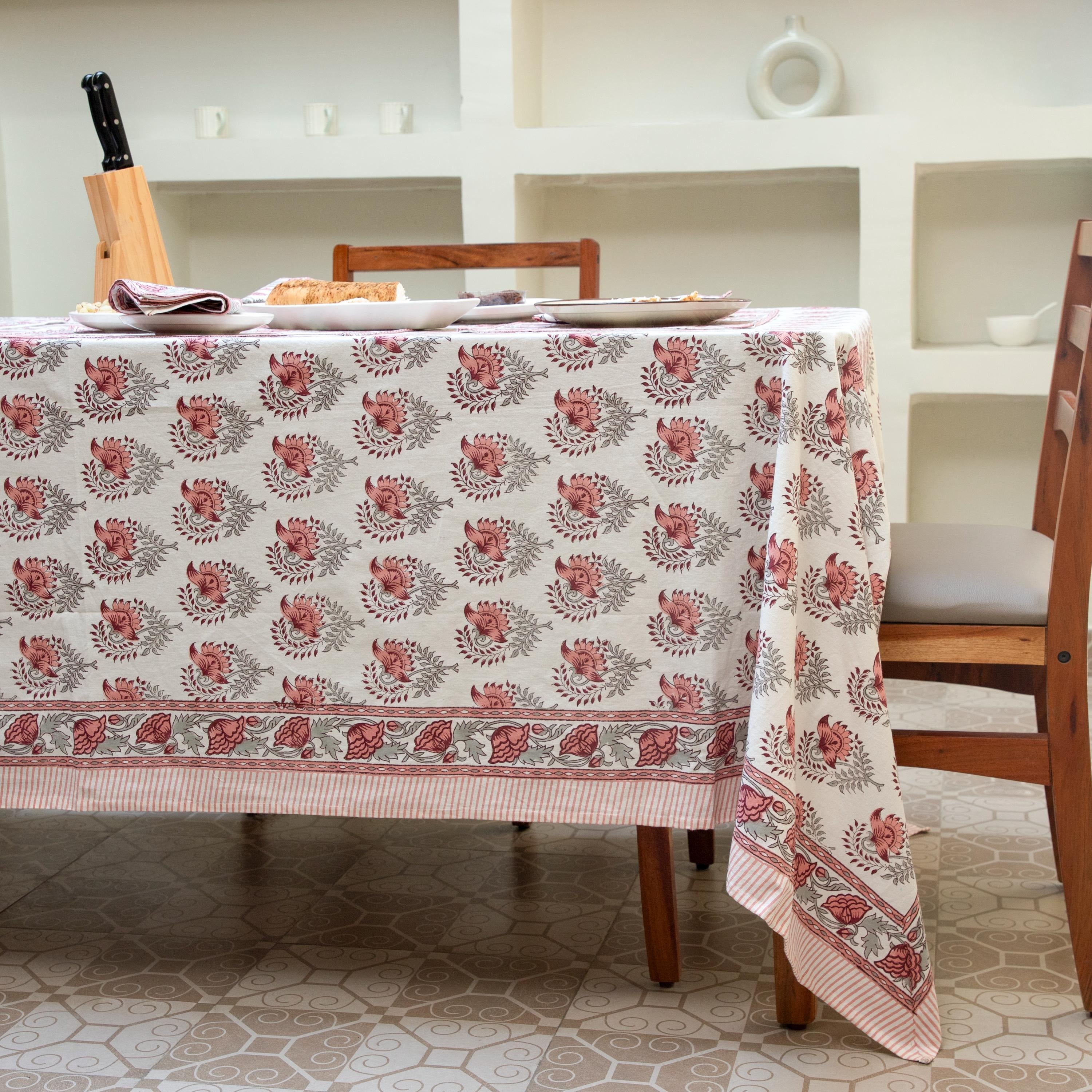 Blush Pink Indian Tablecloth, Hand Block Print Cotton Table Linen, Floral Table Runner,Tablecloth Runner Napkins, Gift For Housewarming